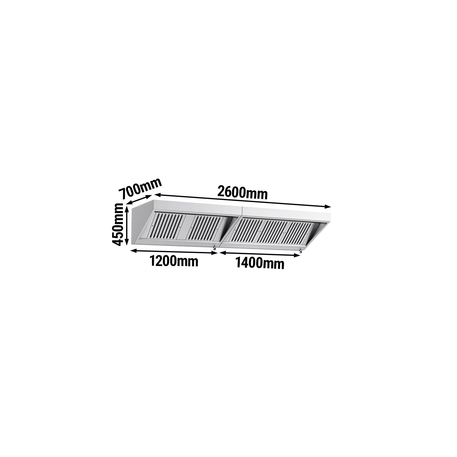 Fali elszívóernyő - 2600 mm - 700 mm mély - Labirintszűrő és világítás - motor nélkül