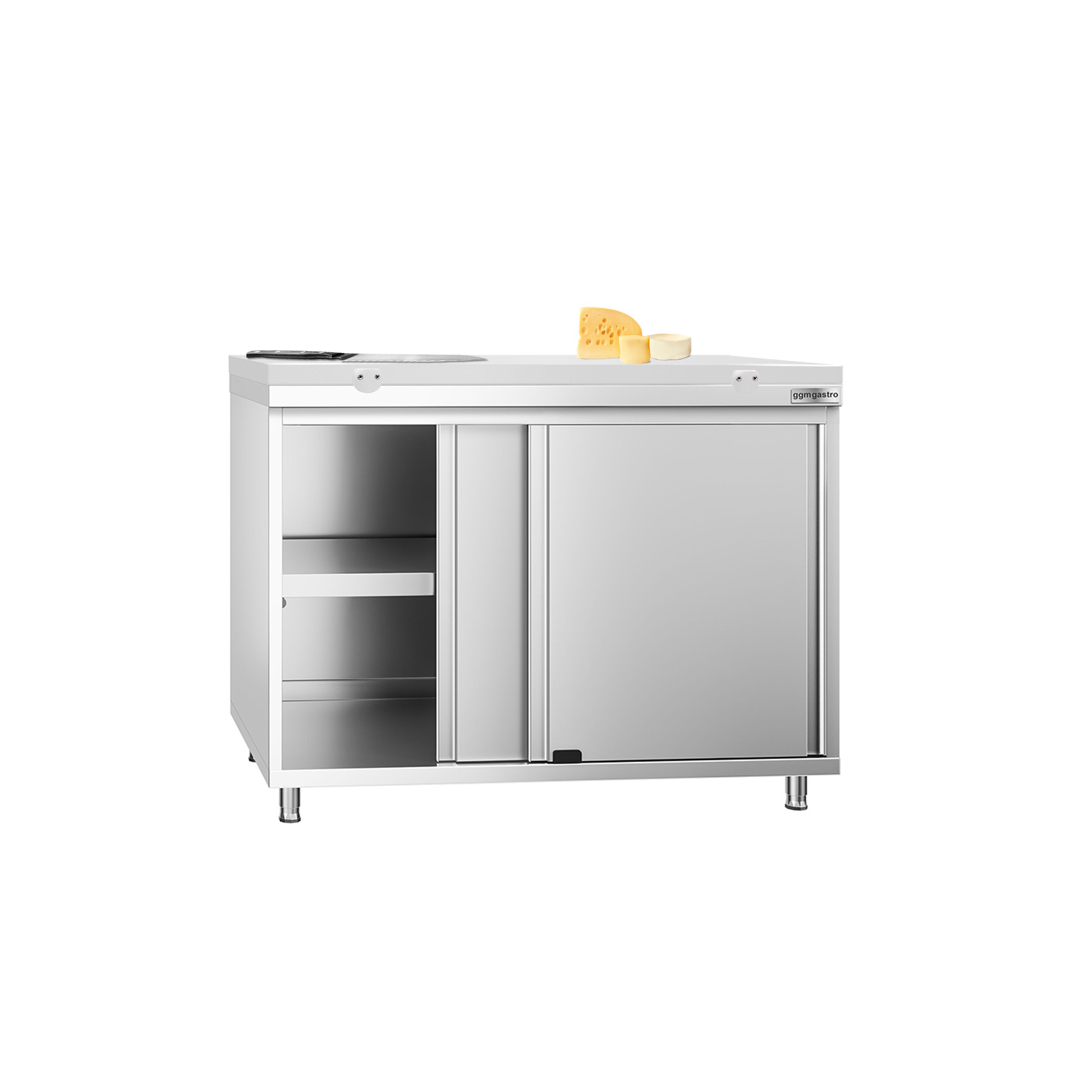 Table armoire en acier inoxydable PREMIUM - 1000x600mm - avec portes coulissantes - pour produits céréaliers, produits laitiers - incl. plateau de découpe Blanc PEHD (HACCP)