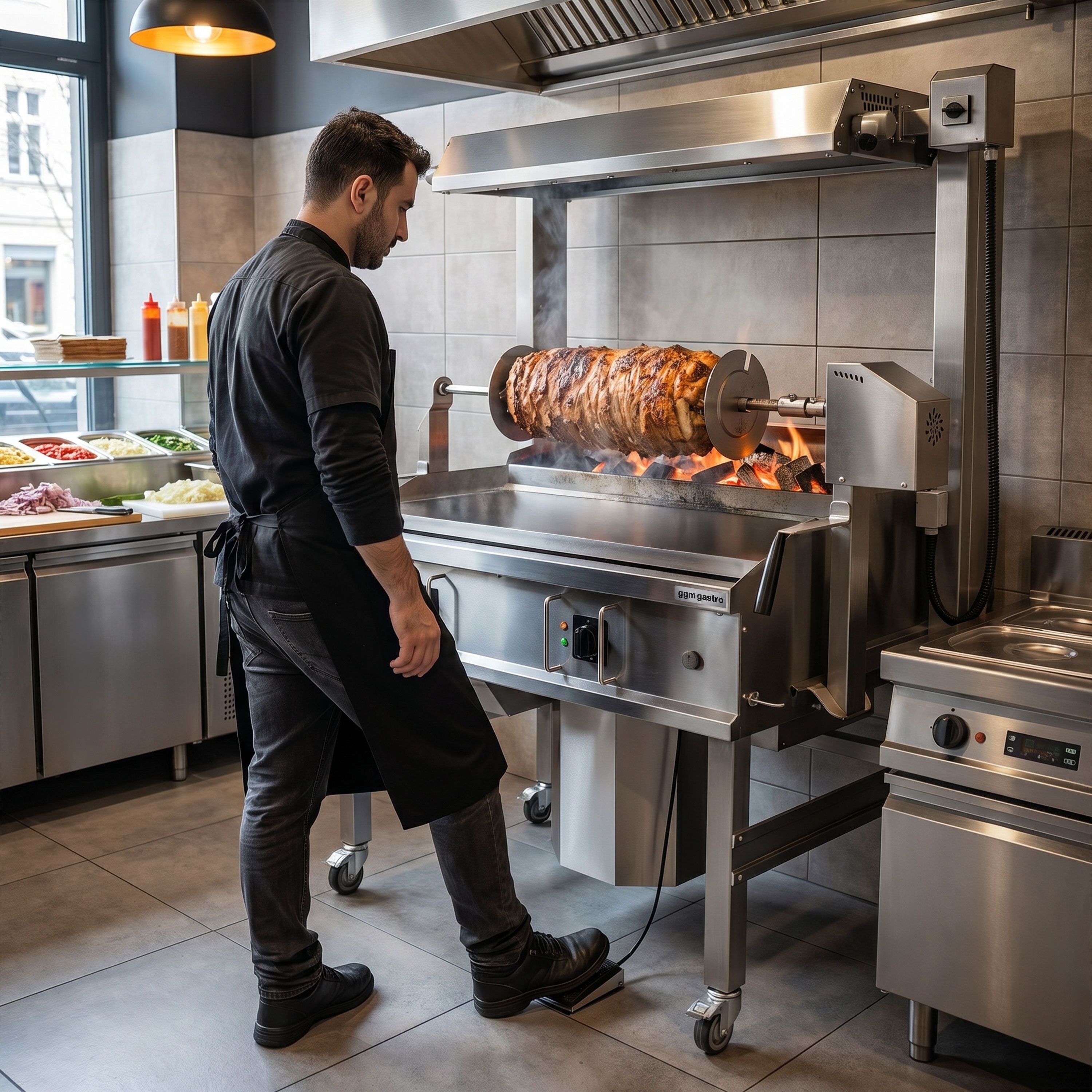 Électrique Machine à kebab - 14kW - pour 85kg de viande - broche horizontale (Cağ) - sur socle