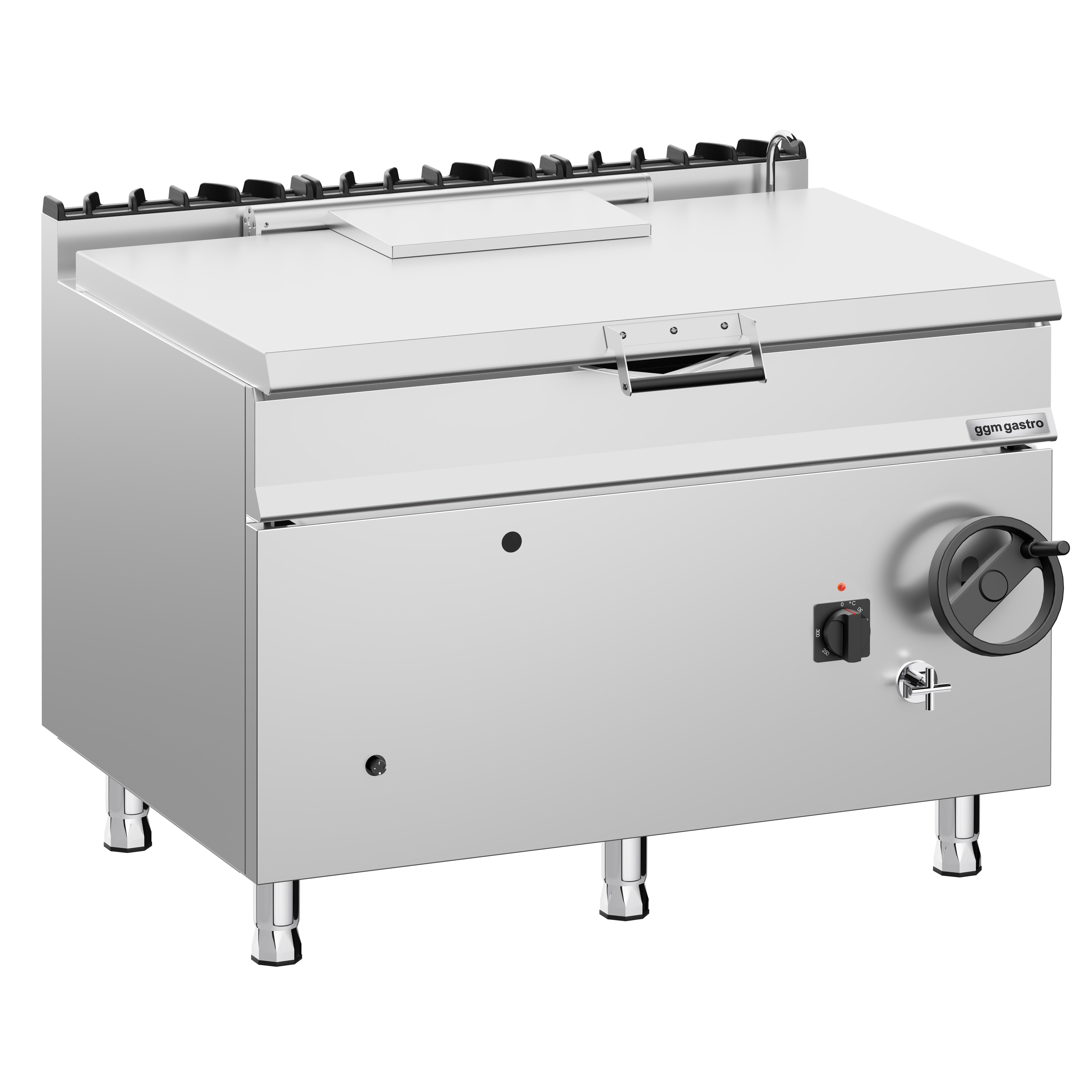 Sauteuse basculante à gaz – 120 litres – 30 kW – avec volant manuel et raccordement d’eau