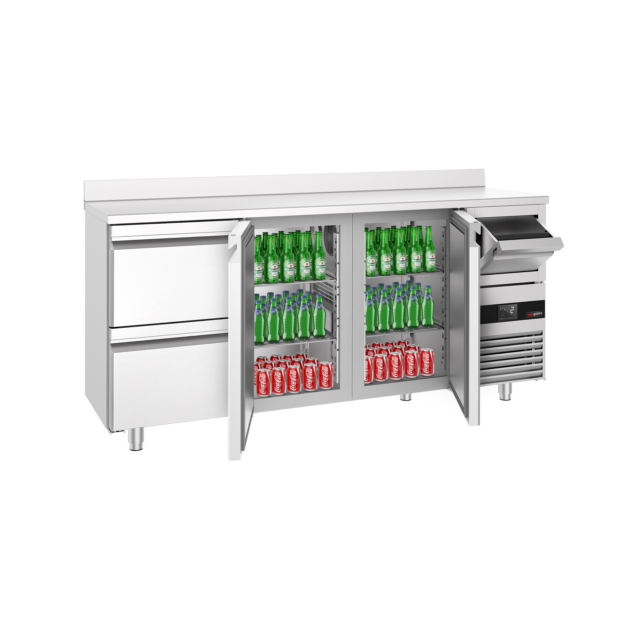 Arrière-bar réfrigéré professionnel  PREMIUM - 2130 x 600 mm - avec 2 portes et 2 tiroirs - avec dosseret - avec tiroir à marc de café