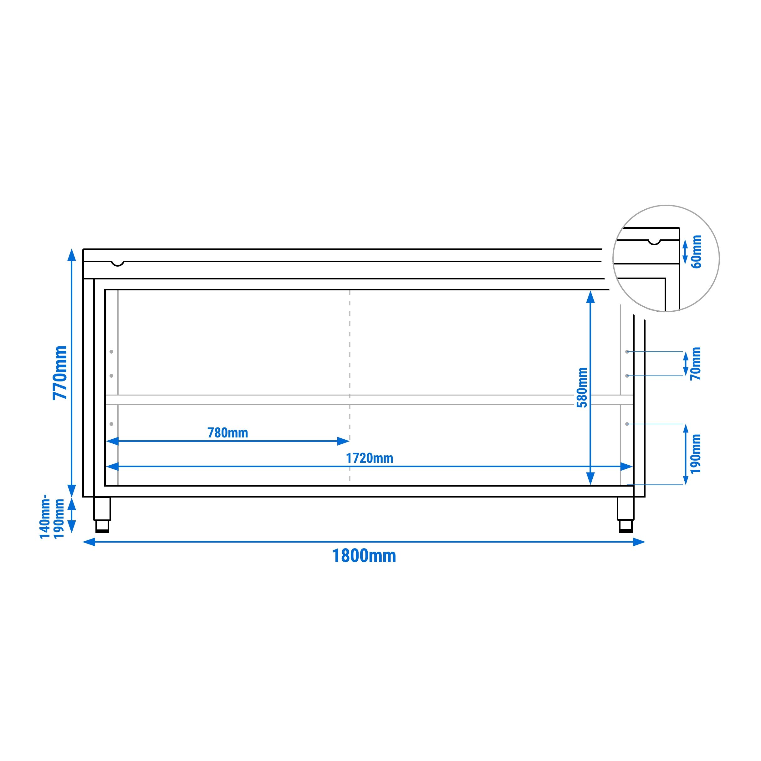 Table armoire en acier inoxydable PREMIUM - 1800x600mm - avec portes coulissantes - pour fruits et légumes - incl. plateau de découpe Vert PEHD (HACCP)