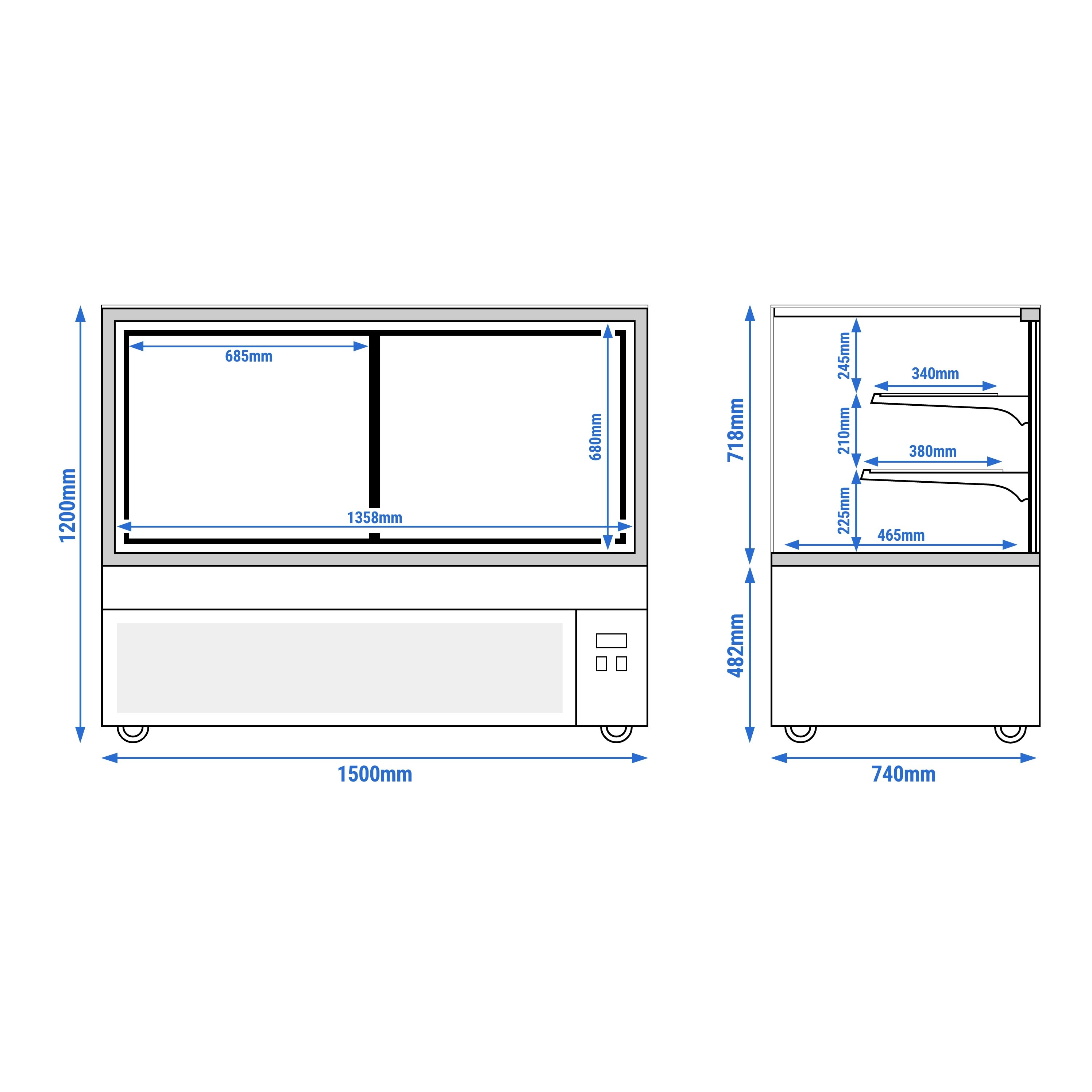 Vitrine à pâtisserie réfrigérée - 598L - 1500mm - Double vitrage - avec 2 étagères en verre - portes coulissantes vitrées arrière