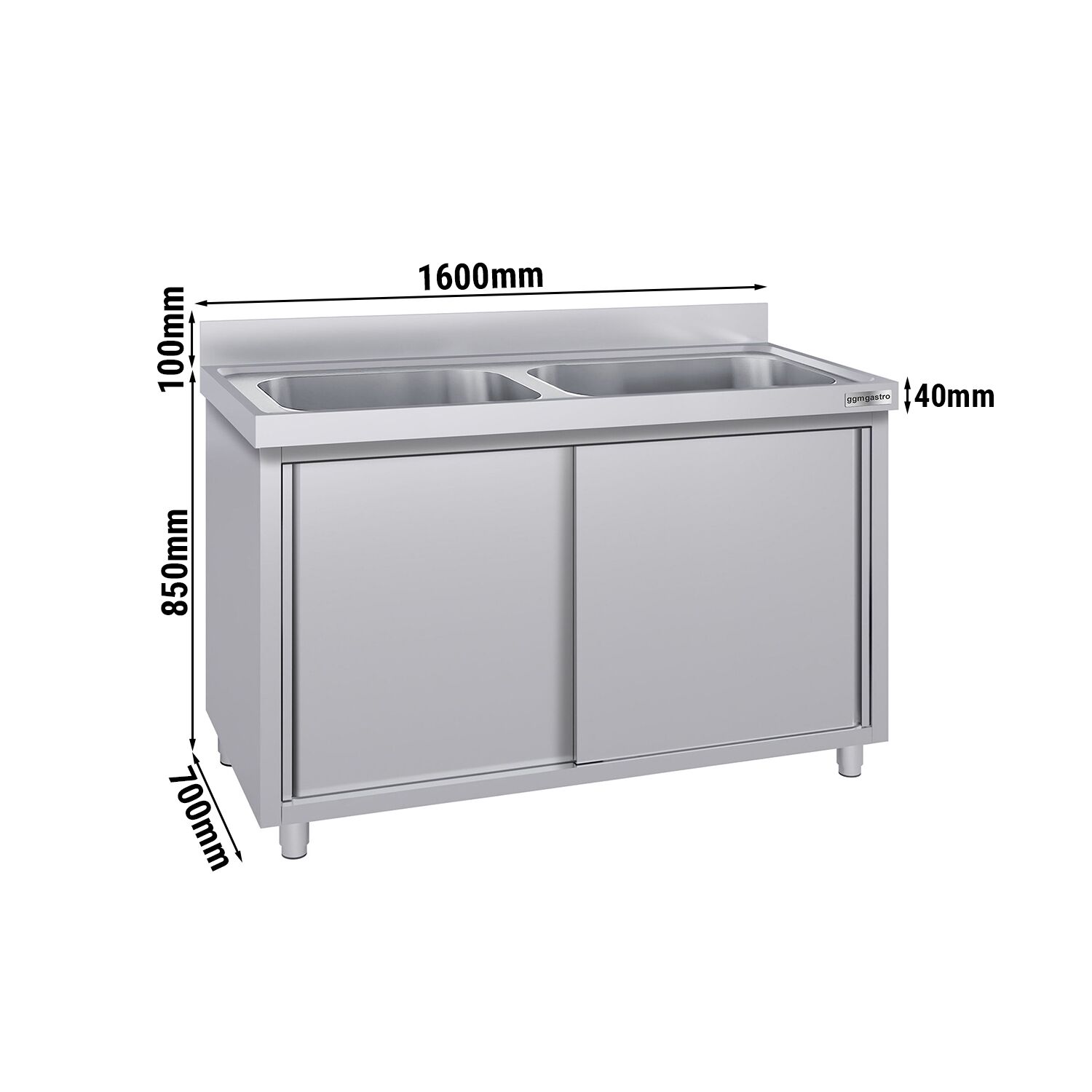 Meuble évier ECO - 1600 x 700 mm - avec 2 bacs au centre