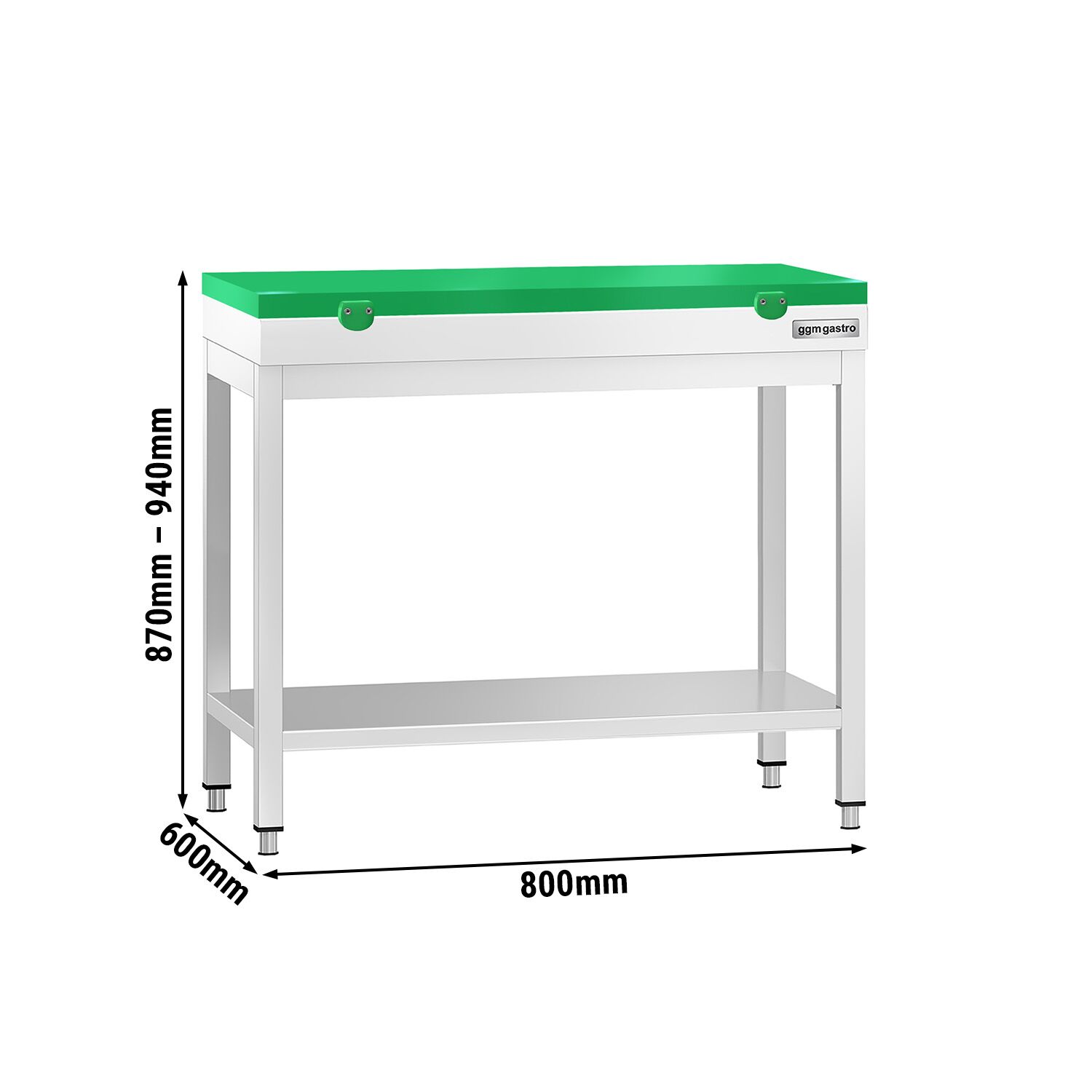 Stół roboczy centralny ze stali nierdzewnej PREMIUM - 800x600mm - z półką & wzmocniony - z deską do krojenia Zielony