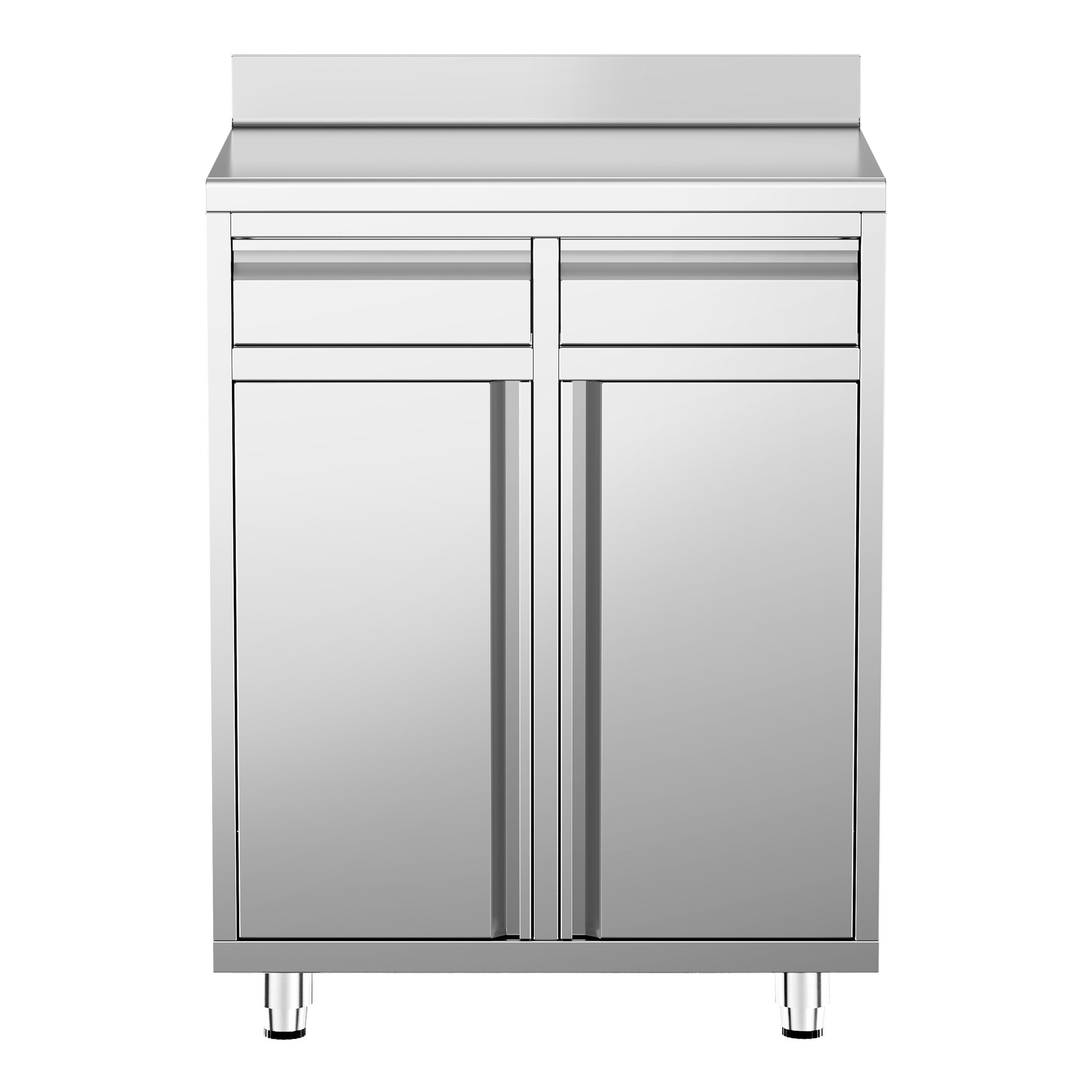 Table armoire en acier inoxydable - 800x600mm - avec 2 tiroirs et portes battantes - avec dosseret - pour machine à café (cafetière à filtre)