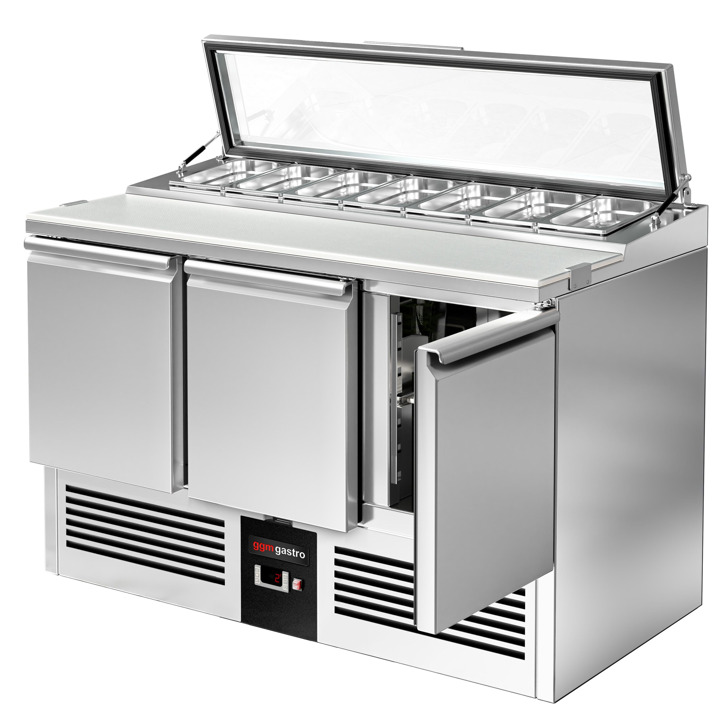 Saladette réfrigérée PREMIUM - 1365mm - 248L - 3 portes - avec découpe pour 7x GN 1/3 & Couvercle verre