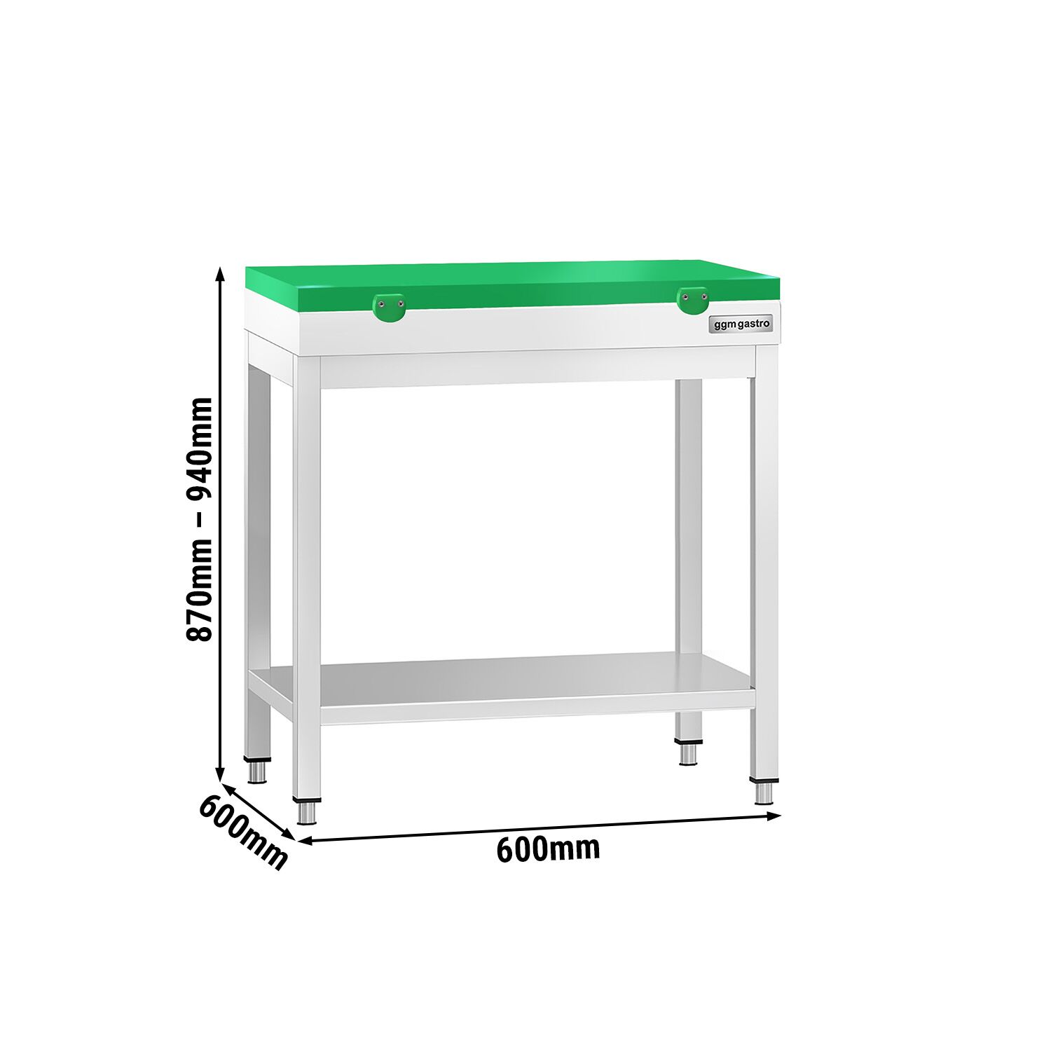 Stół roboczy centralny ze stali nierdzewnej PREMIUM - 600x600mm - z półką - z deską do krojenia Zielony