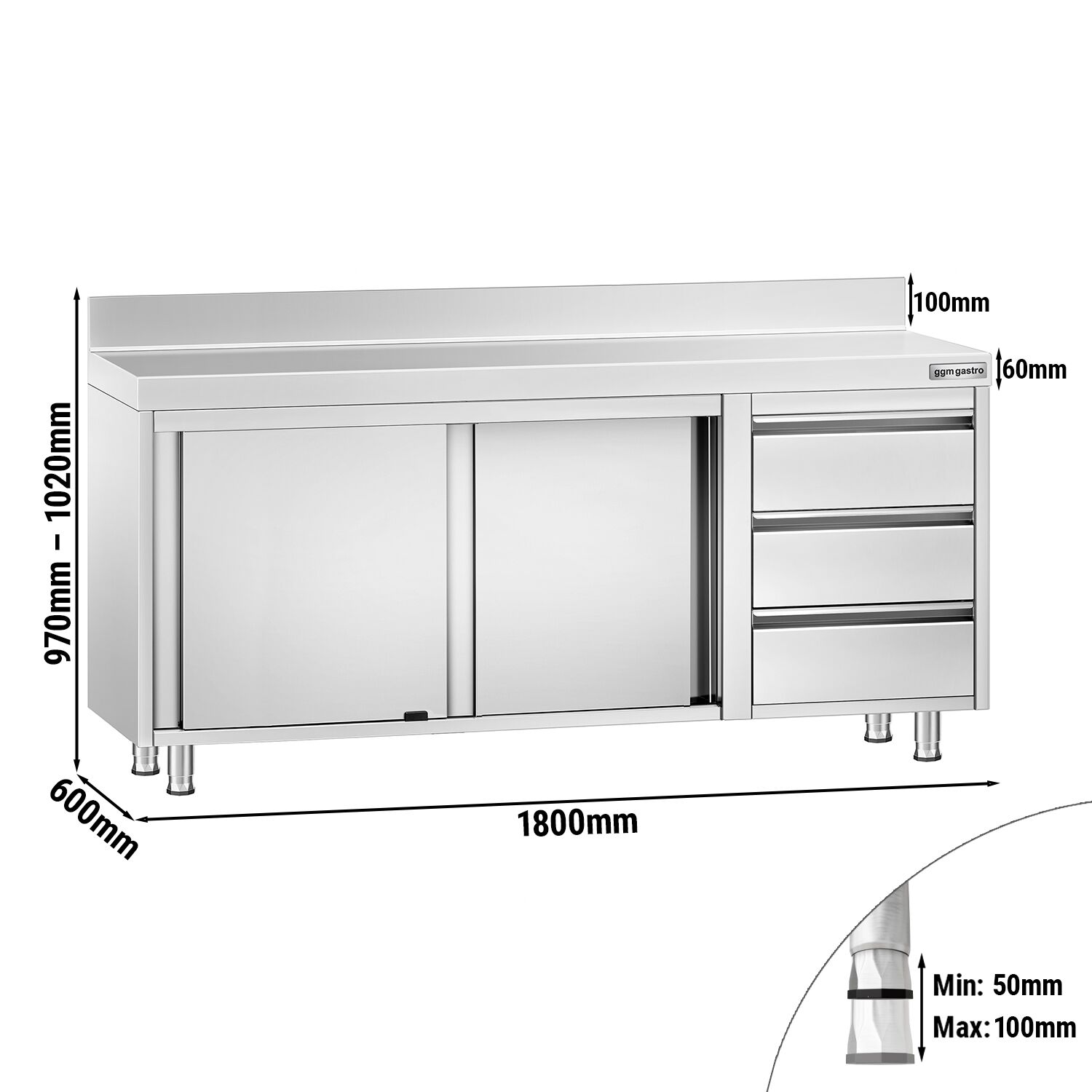 Table armoire en acier inoxydable PREMIUM - 1800x600mm - avec portes coulissantes et 3 tiroirs à droite - avec dosseret