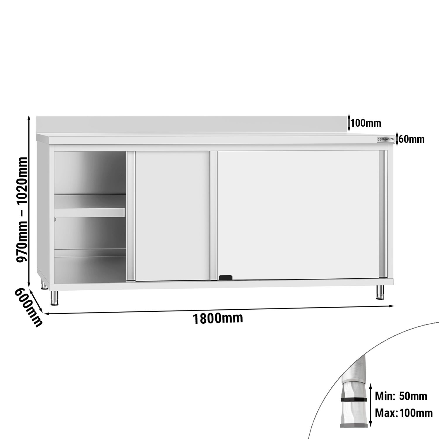 Table armoire en acier inoxydable Flex ECO - 1800x600mm - avec portes coulissantes - avec dosseret