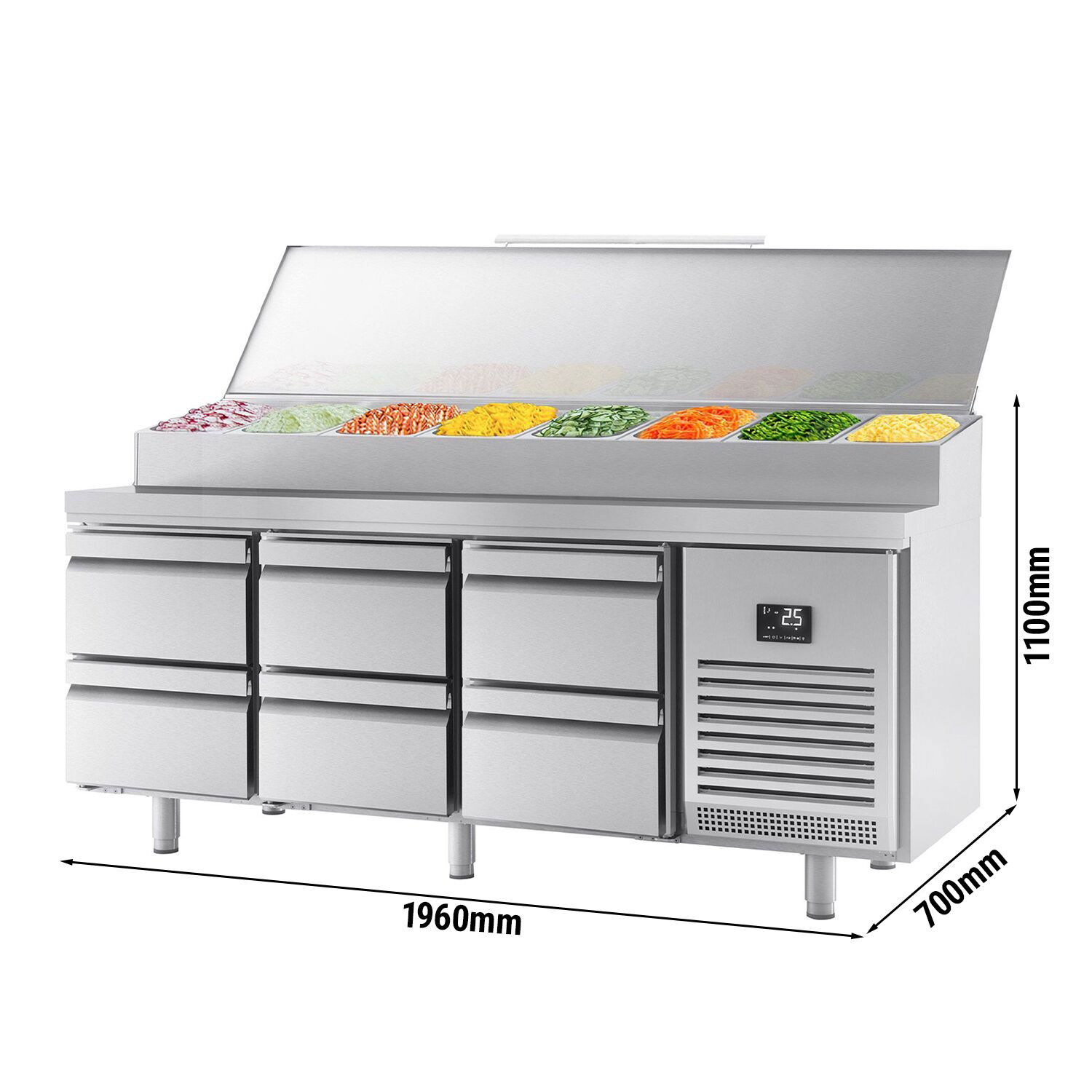 Table réfrigérée de préparation - 1960 x 700 mm - avec 6 tiroirs - avec superstructure en inox 1 x GN 1/2 et 9 x GN 1/3