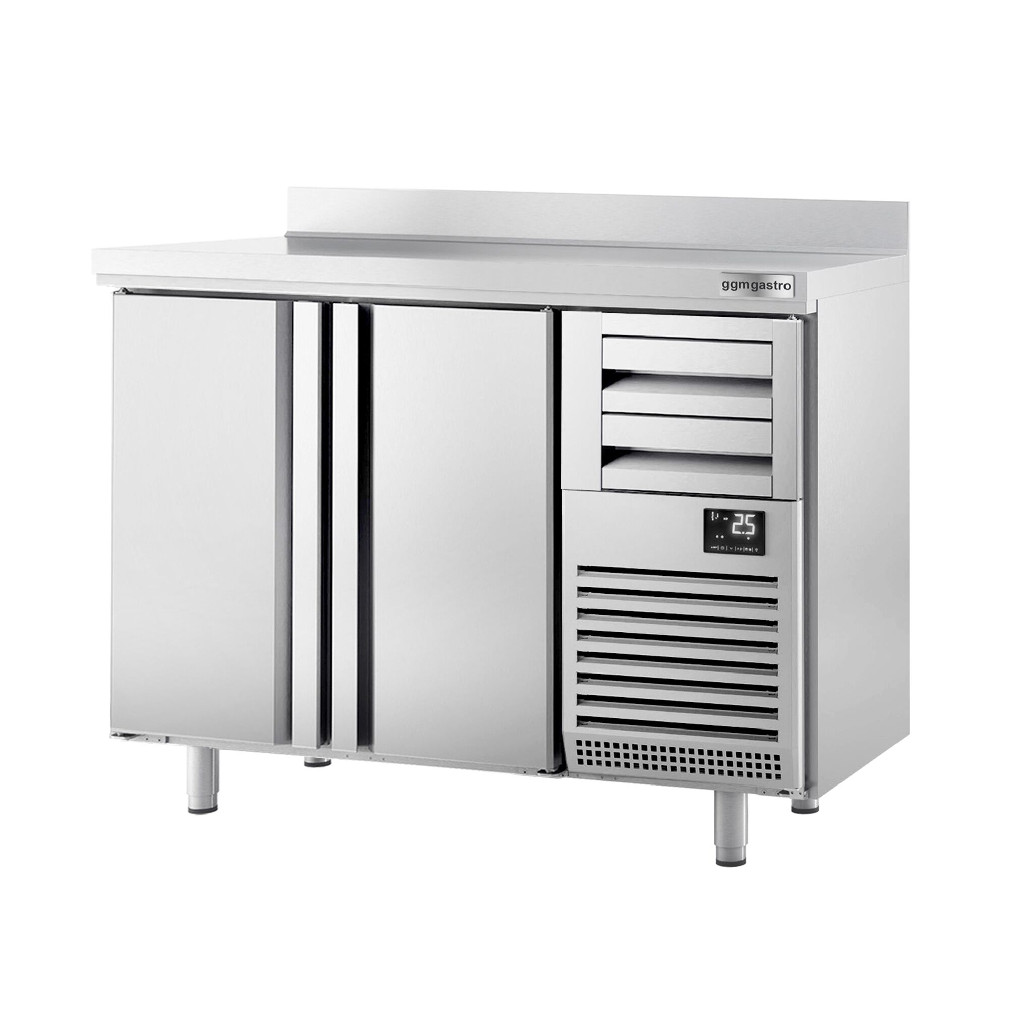 Commercial Back Bar Bottle Cooler PREMIUM PLUS - 1468x600x1150mm - with 2 Solid Doors & 2 Drawers, upstand, locks & auto defrost - 340L