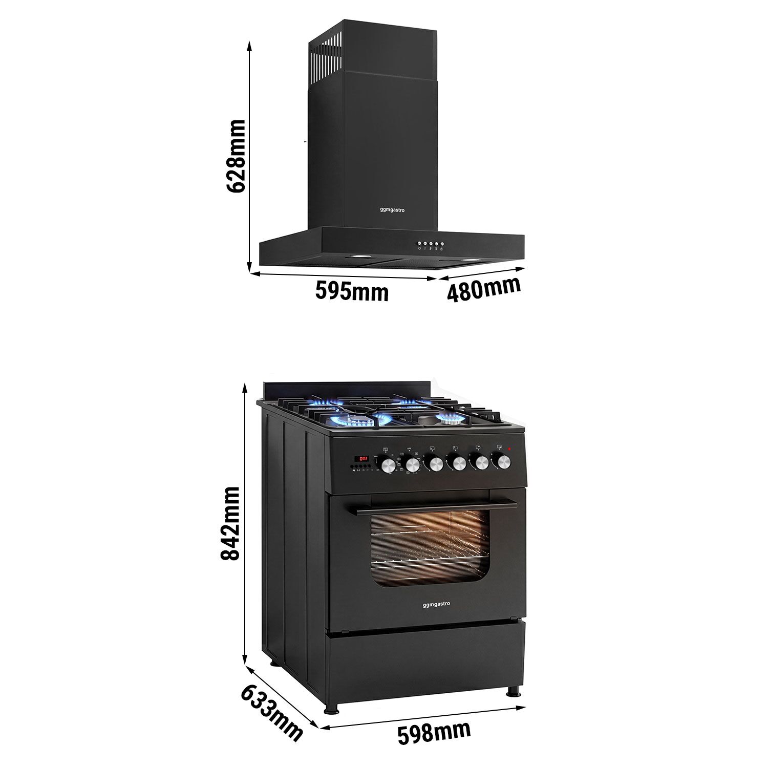 Fogão a gás - 8,4 kW - 4 queimadores - inclui forno elétrico - 3,85 kW e exaustor com circulação de ar
