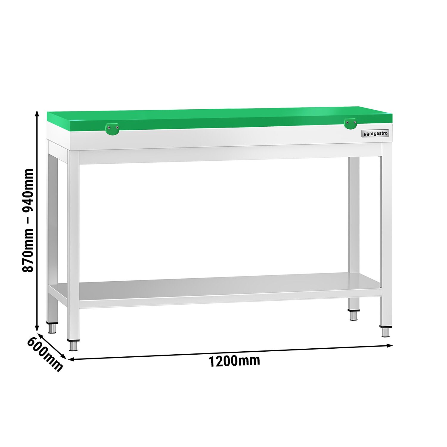 Table de travail inox PREMIUM - 1200 x 600 mm - avec tablette inférieure - incl. Planche à découper Verte