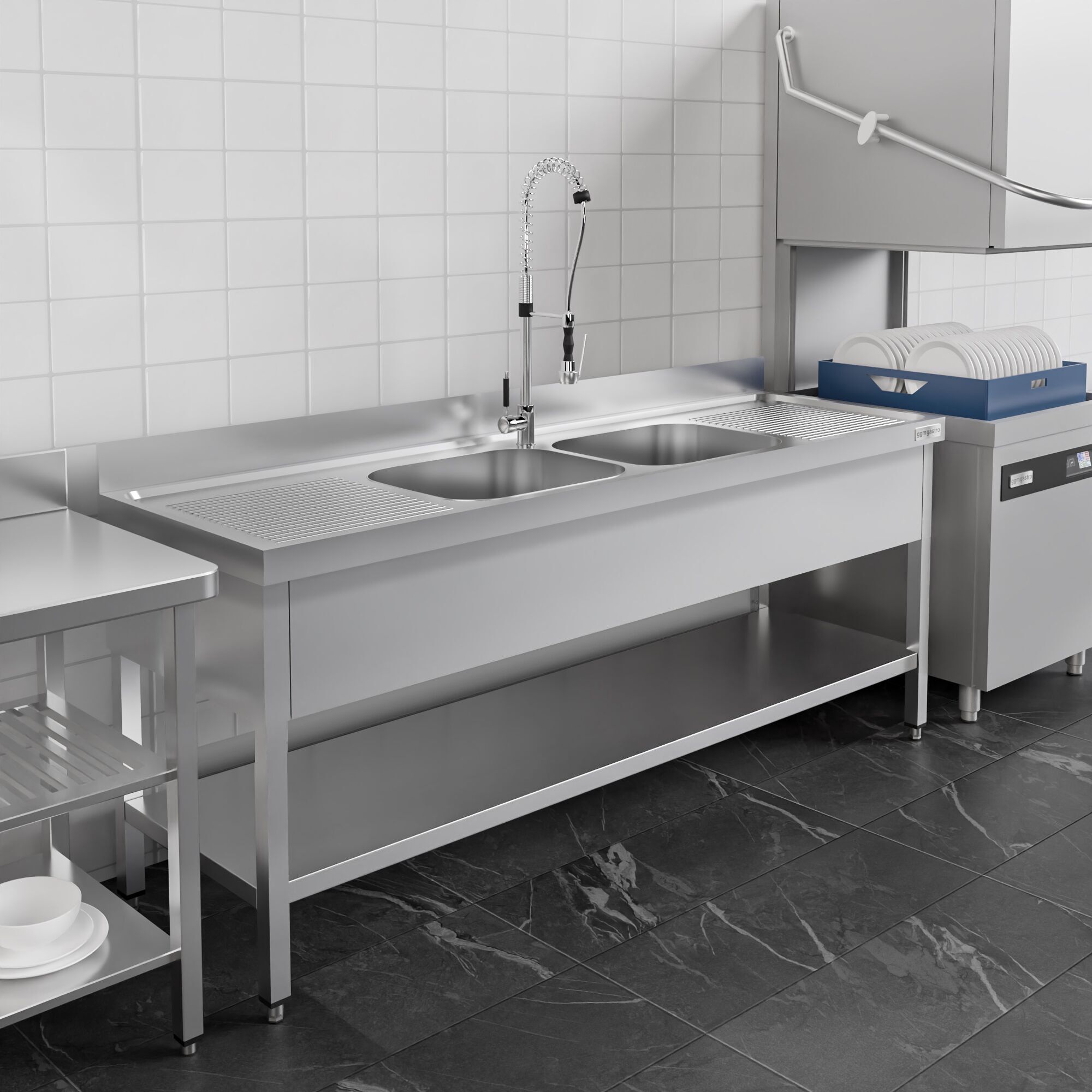 Plonge en inox ECO - 1800x600mm - avec étagère basse - 2 bacs au centre