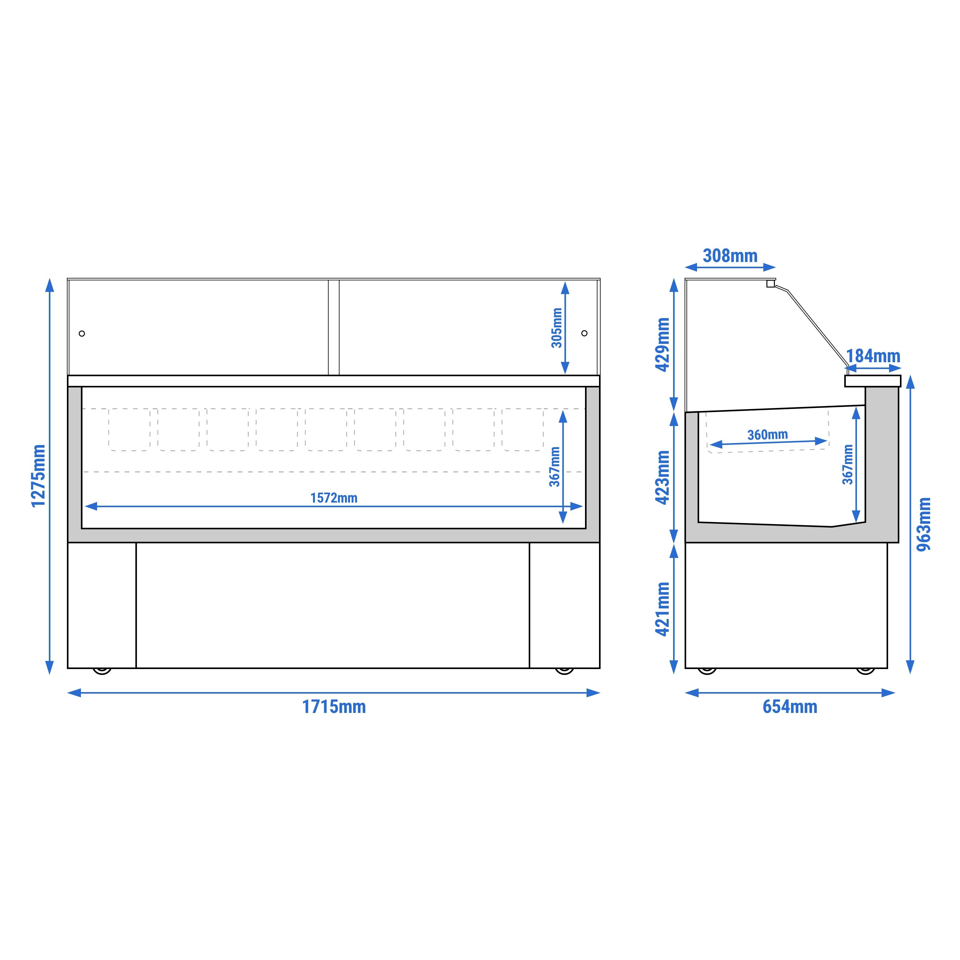 Vitrine à glace EMMA – 1710 mm – refroidissement ventilé – pour 9 bacs à glace de 5 litres ou 6 bacs de 7 litres – Noir