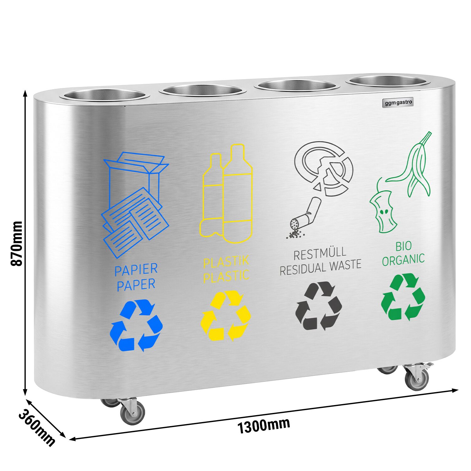 Waste sorting system – 4 bins, 30 litres each – stainless steel