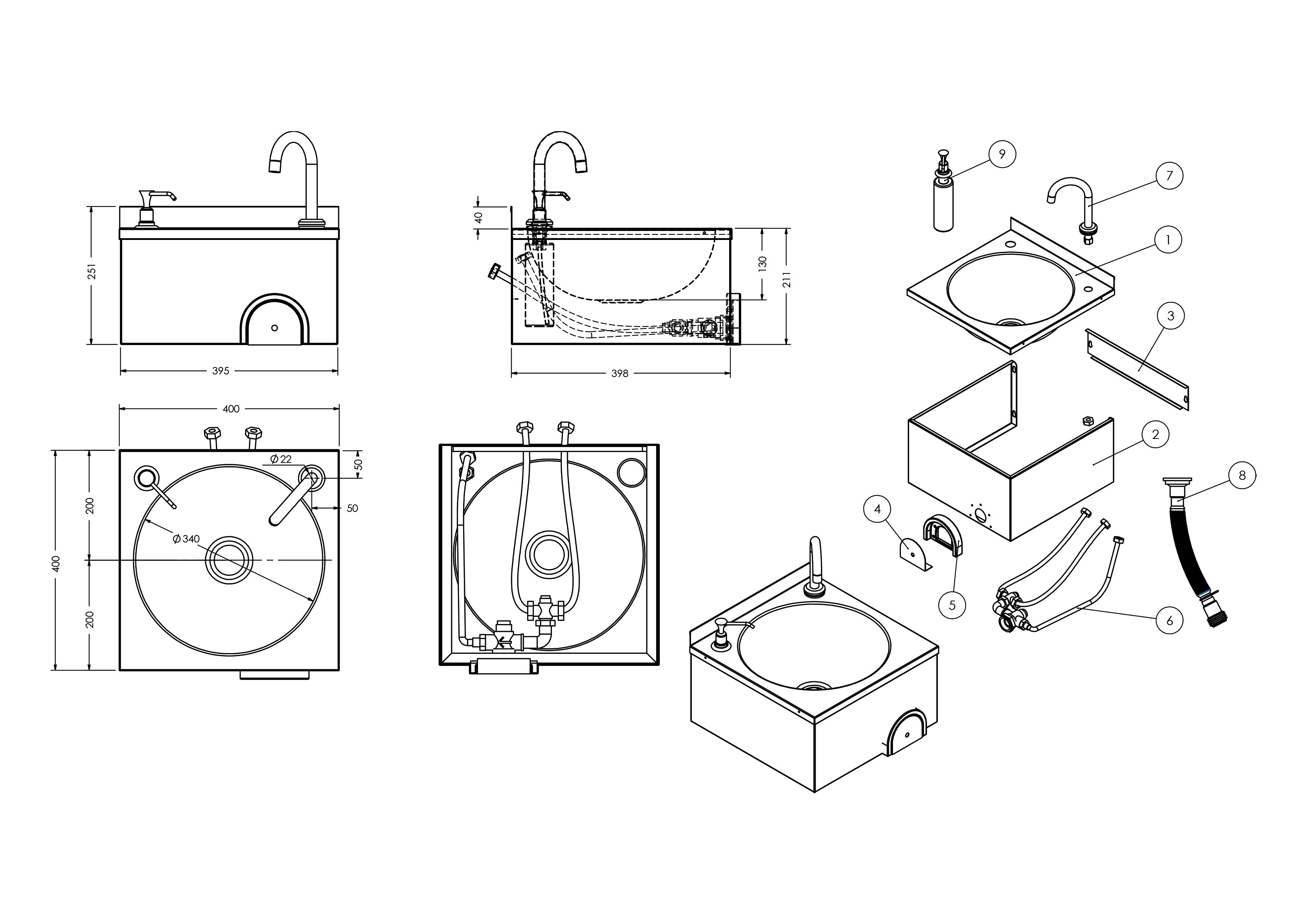 Commercial Hand Wash Sink - Stainless steel - with knee-operated tap, soap dispenser