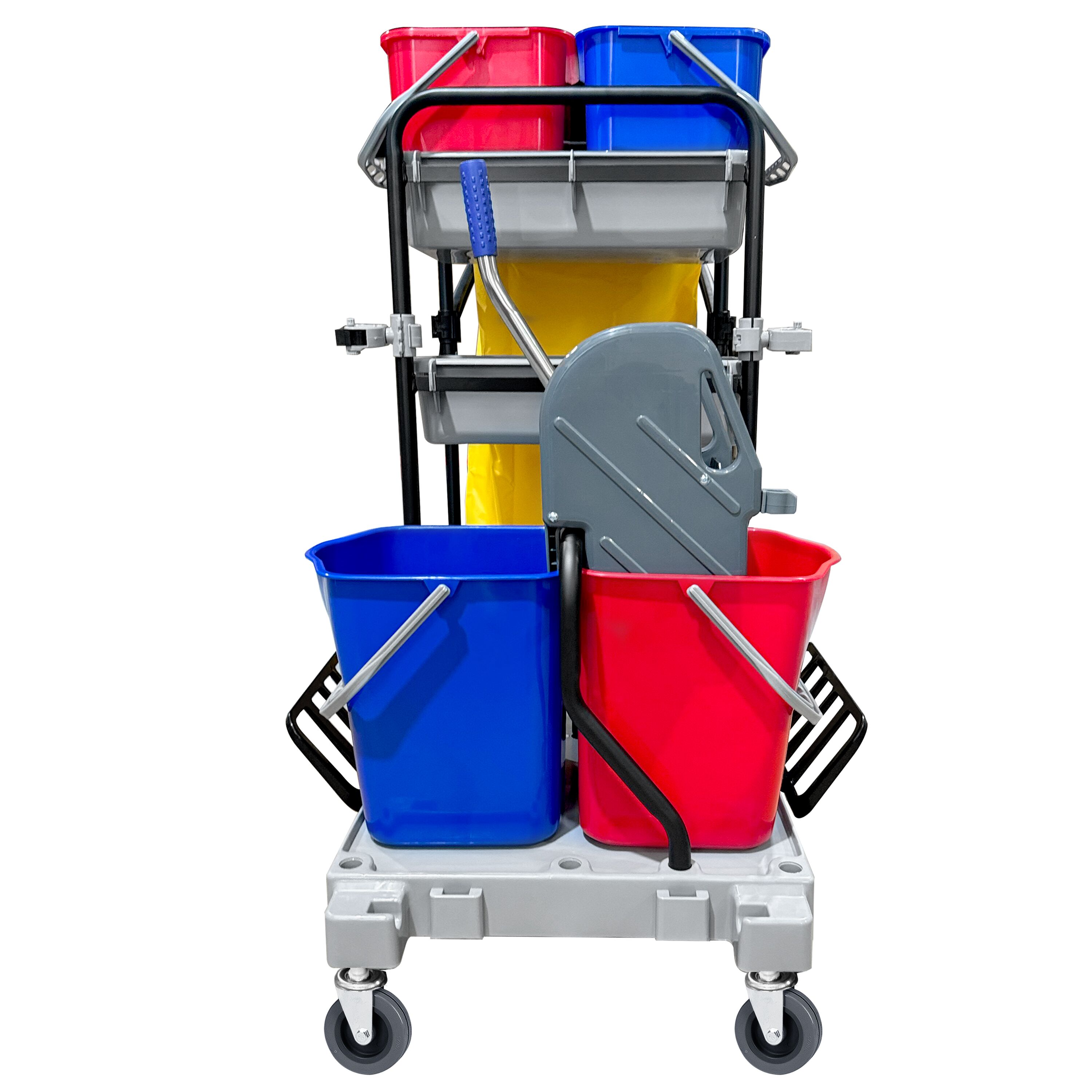 Chariot de nettoyage - avec 4 seaux, presse à mop & sac à linge - Gris