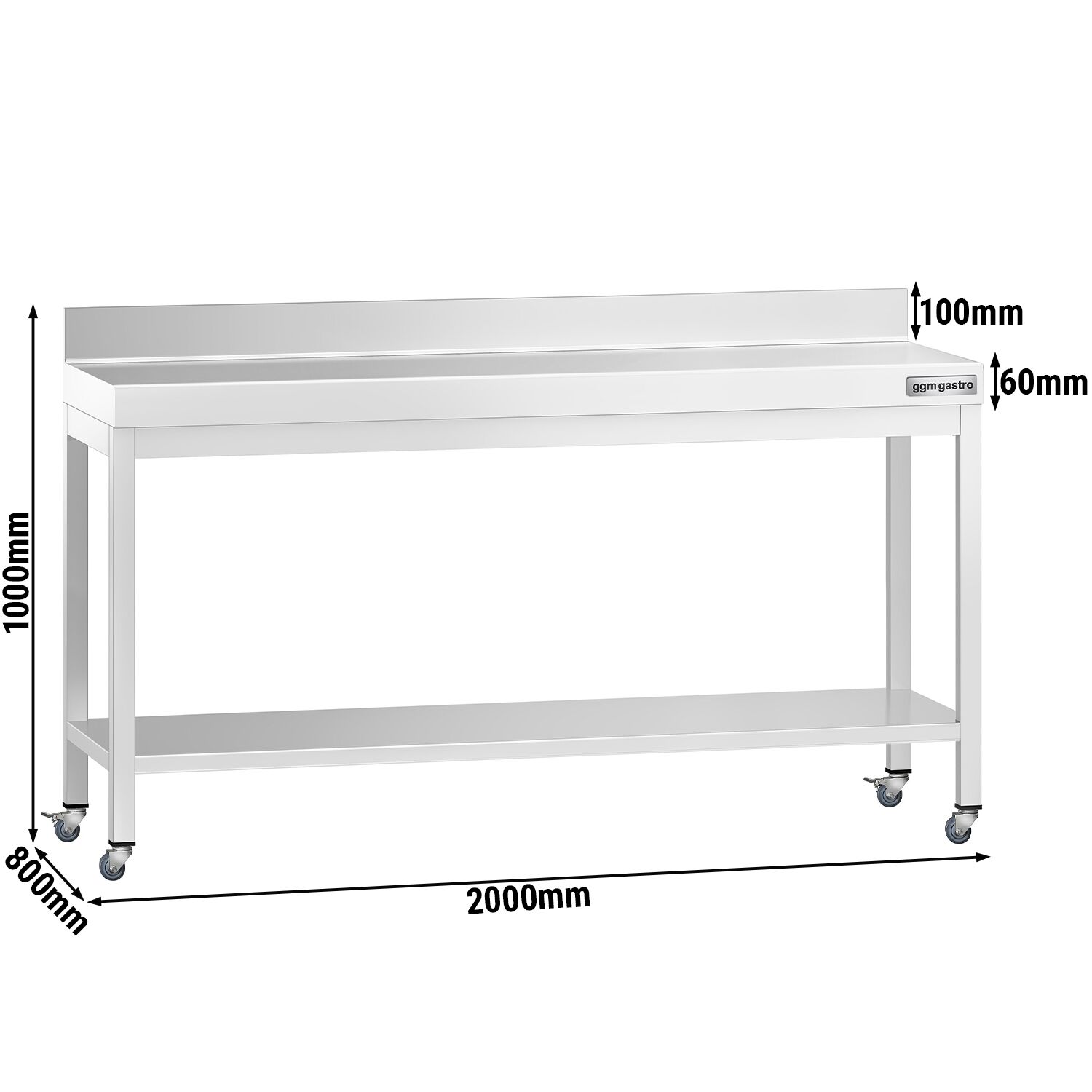 Table de travail en inox PREMIUM - 2000 x 800 mm - avec tablette inférieure, dosseret et roulettes