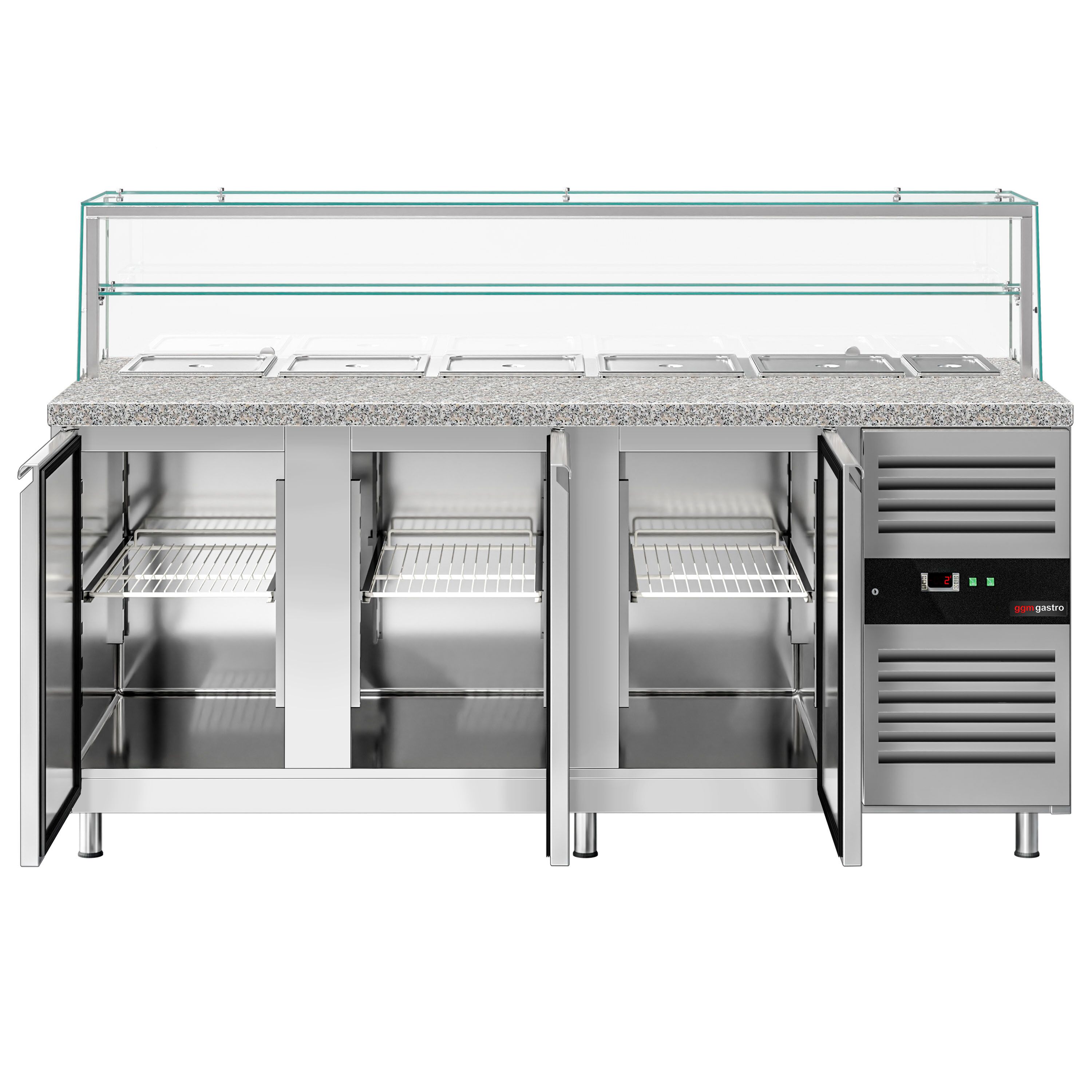 Saladette réfrigérée PREMIUM - 2020mm - 580L - 3 portes - avec vitrine de comptoir pour 5x GN 1/1 & 1x GN 2/4 & 1 étagère - plan de travail en granit noir