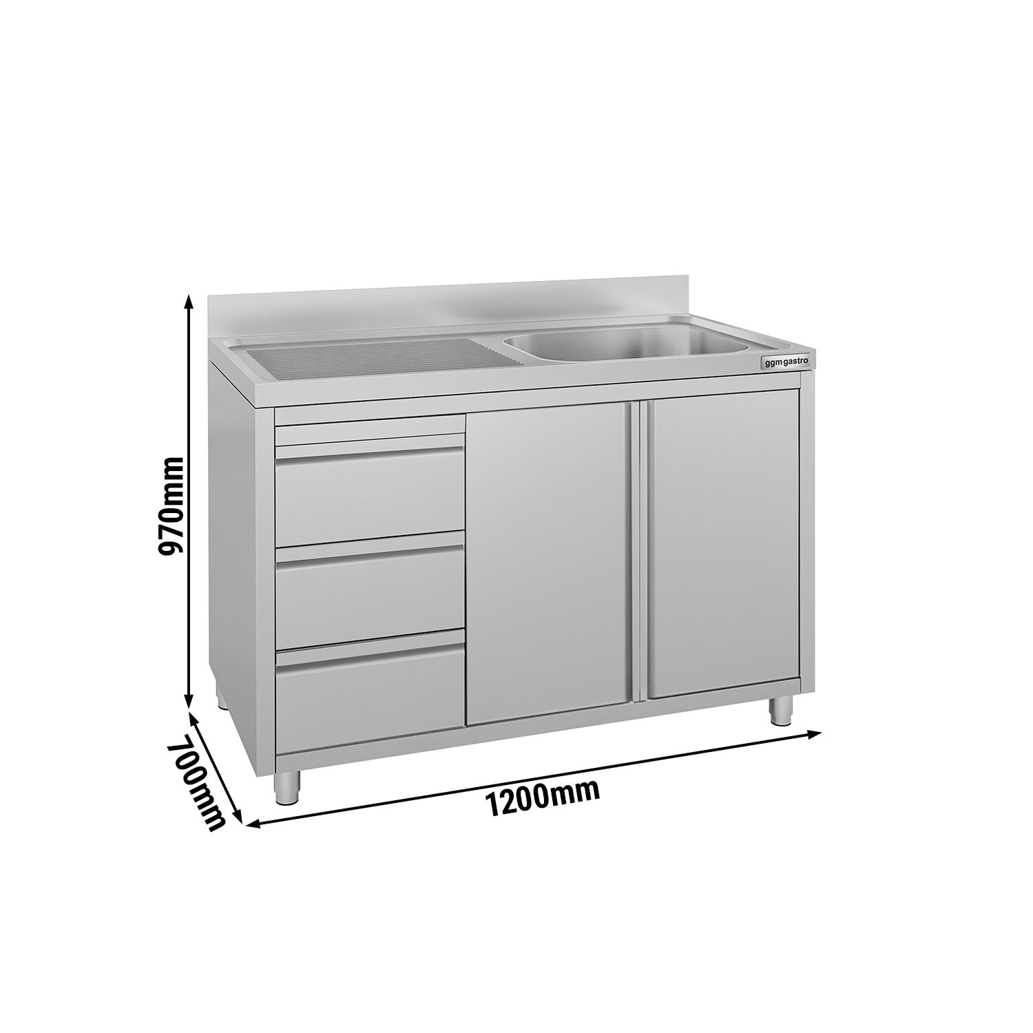 Meuble évier ECO - 1200 x 700 mm - 3 tiroirs - & 1 bac à droite