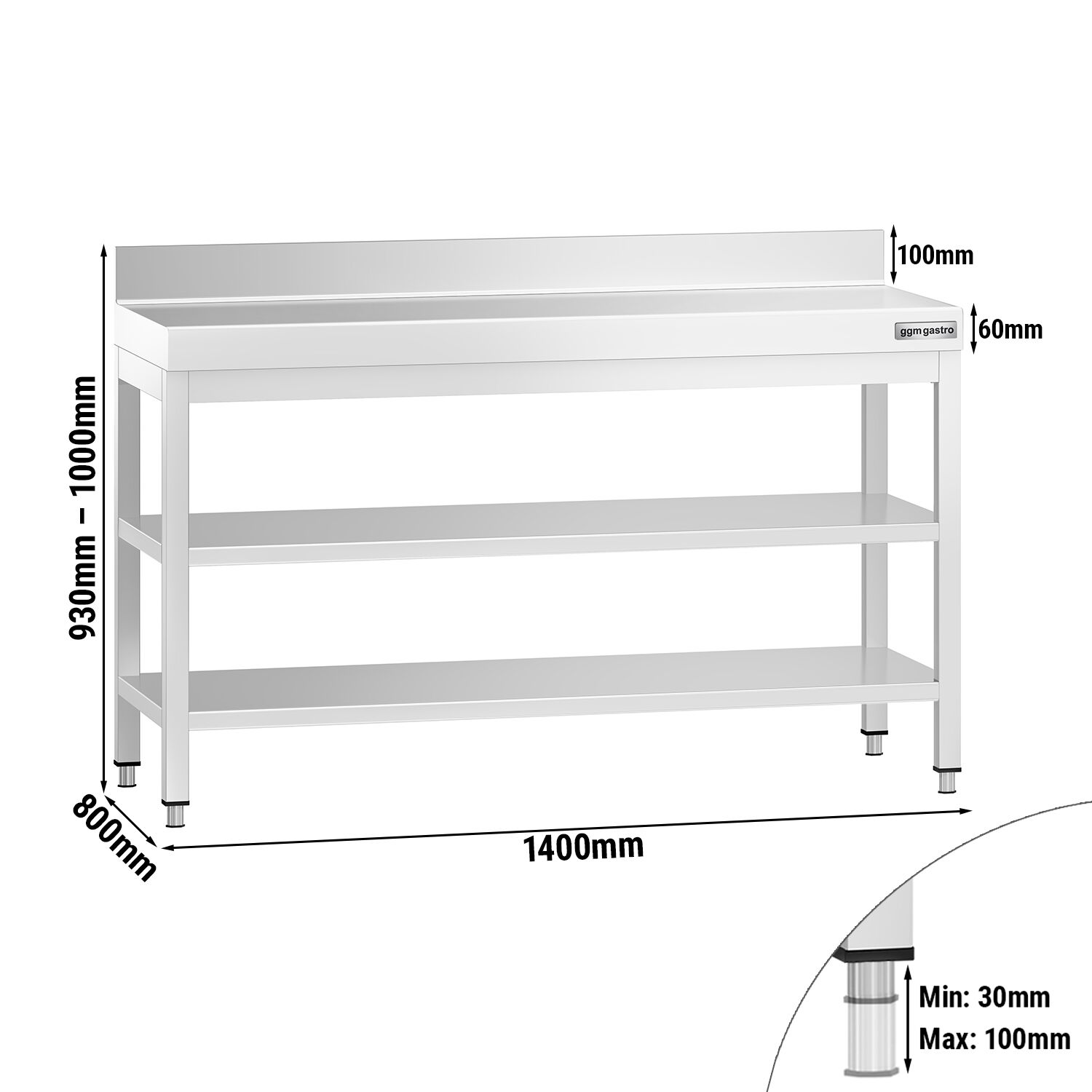 Table de travail inox PREMIUM - 1400 x 800 mm - avec tablette inférieure, Dosseret & Tablette intermédiaire