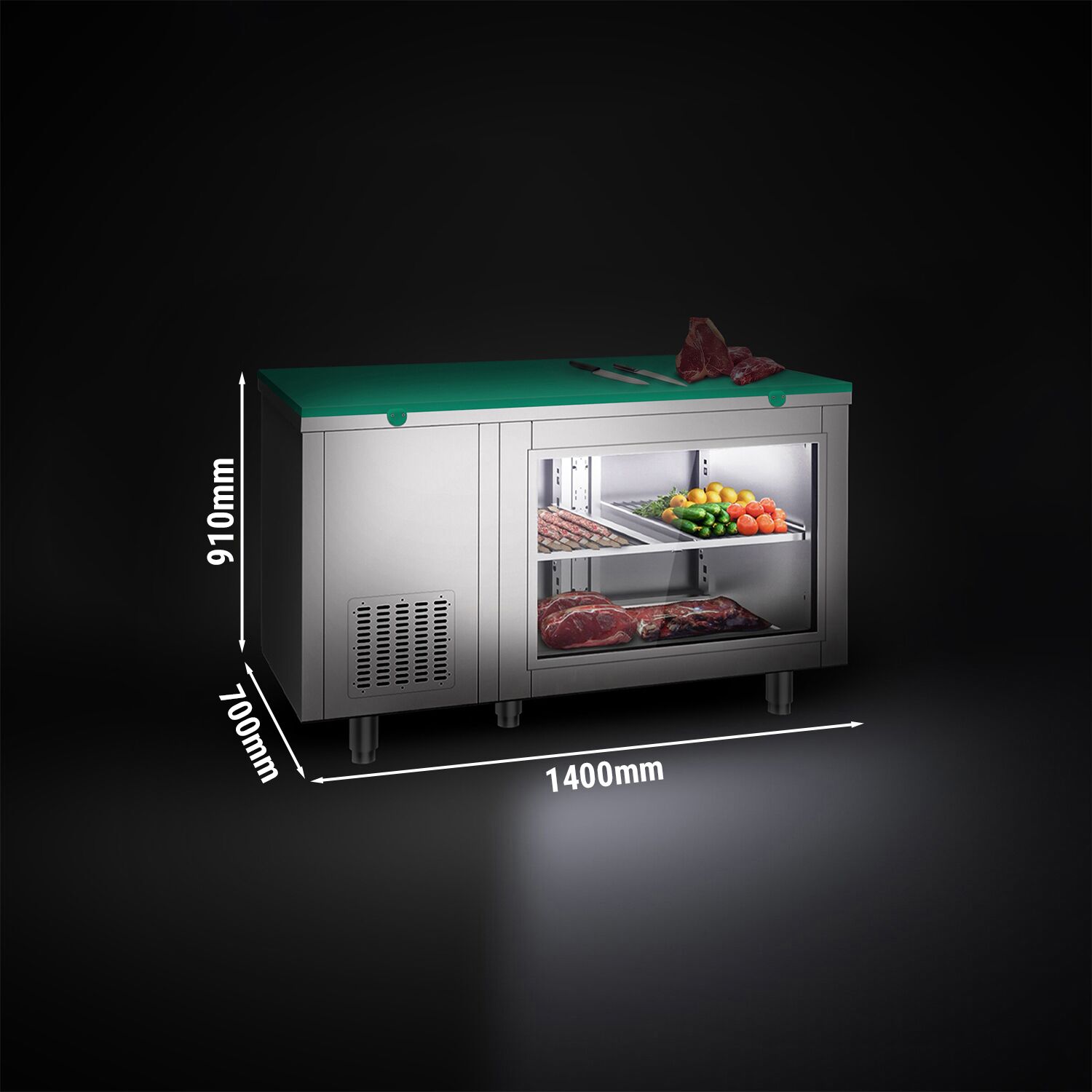 Refrigerated Counter – 1400 × 700 mm – Rear Side with 2 Doors – Glass Front – incl. Green Cutting Board
