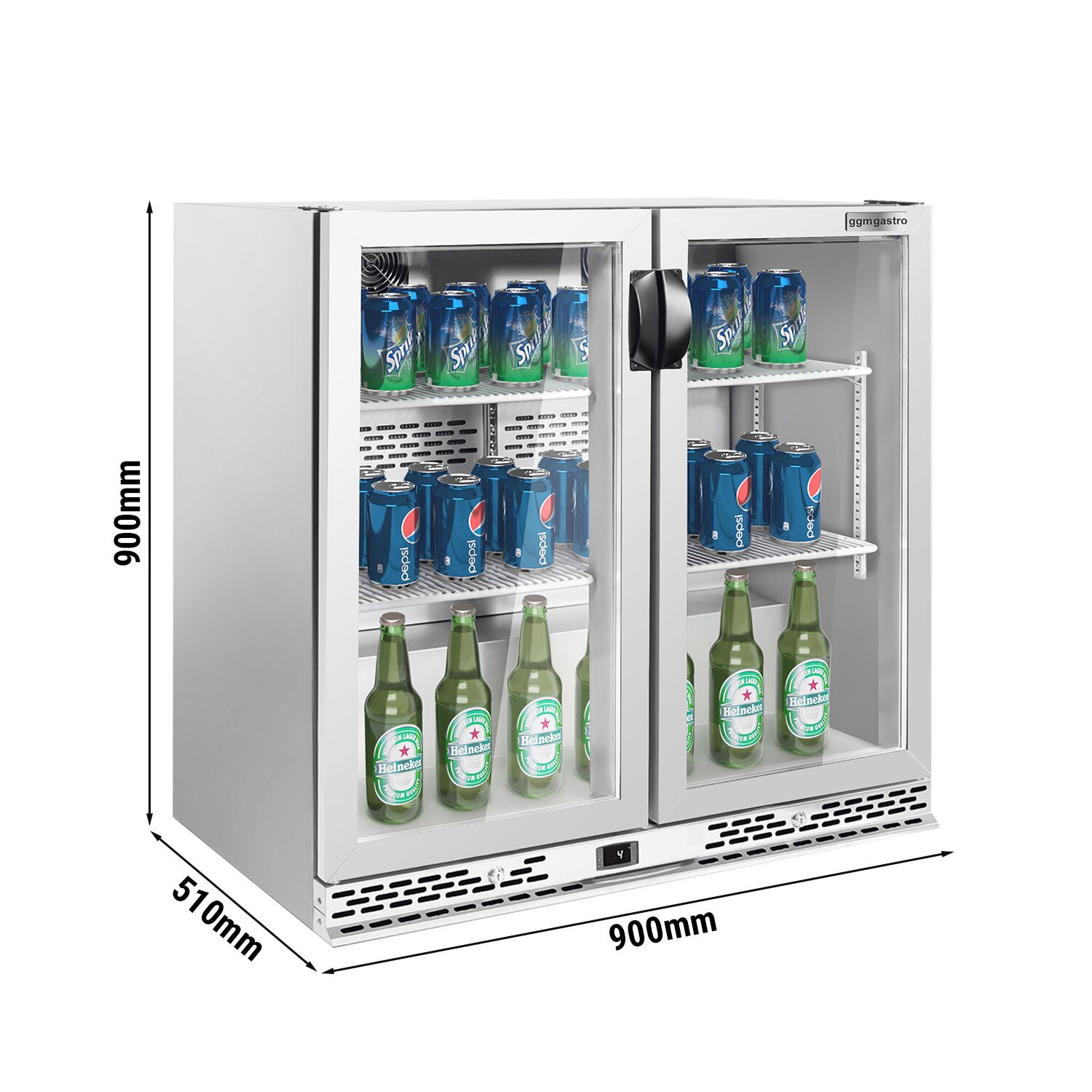 Réfrigérateur de bar – 900 mm – 220 litres – avec 2 portes vitrées battantes – en inox