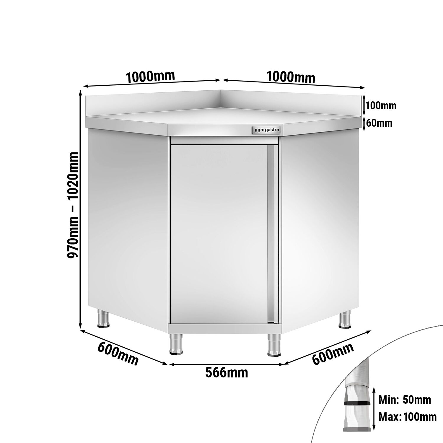 Table armoire d’angle en acier inoxydable PREMIUM - 1000x1000mm - avec dosseret