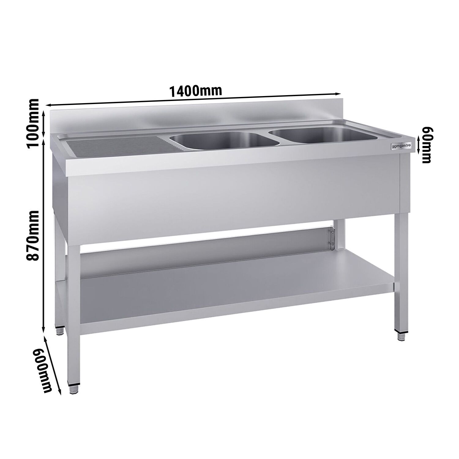Plonge en inox ECO - 1400x600mm - avec étagère basse - 2 bacs à droite