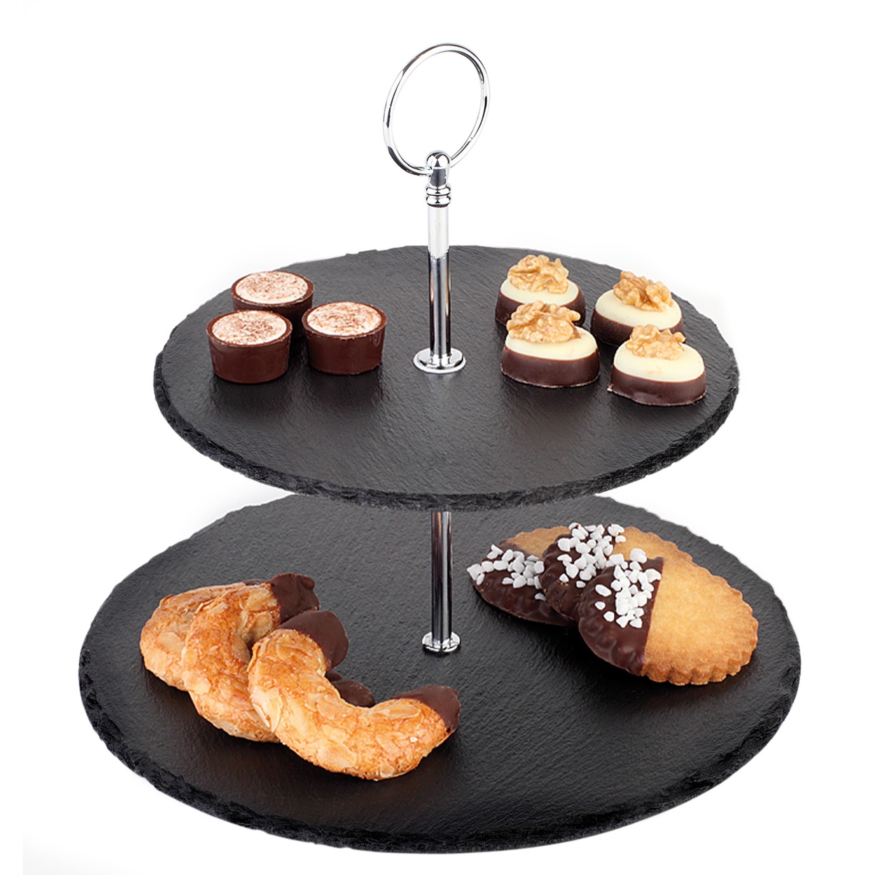 Présentoir buffet - 2 niveaux - Rond - Structure en métal - Plateaux en ardoise
