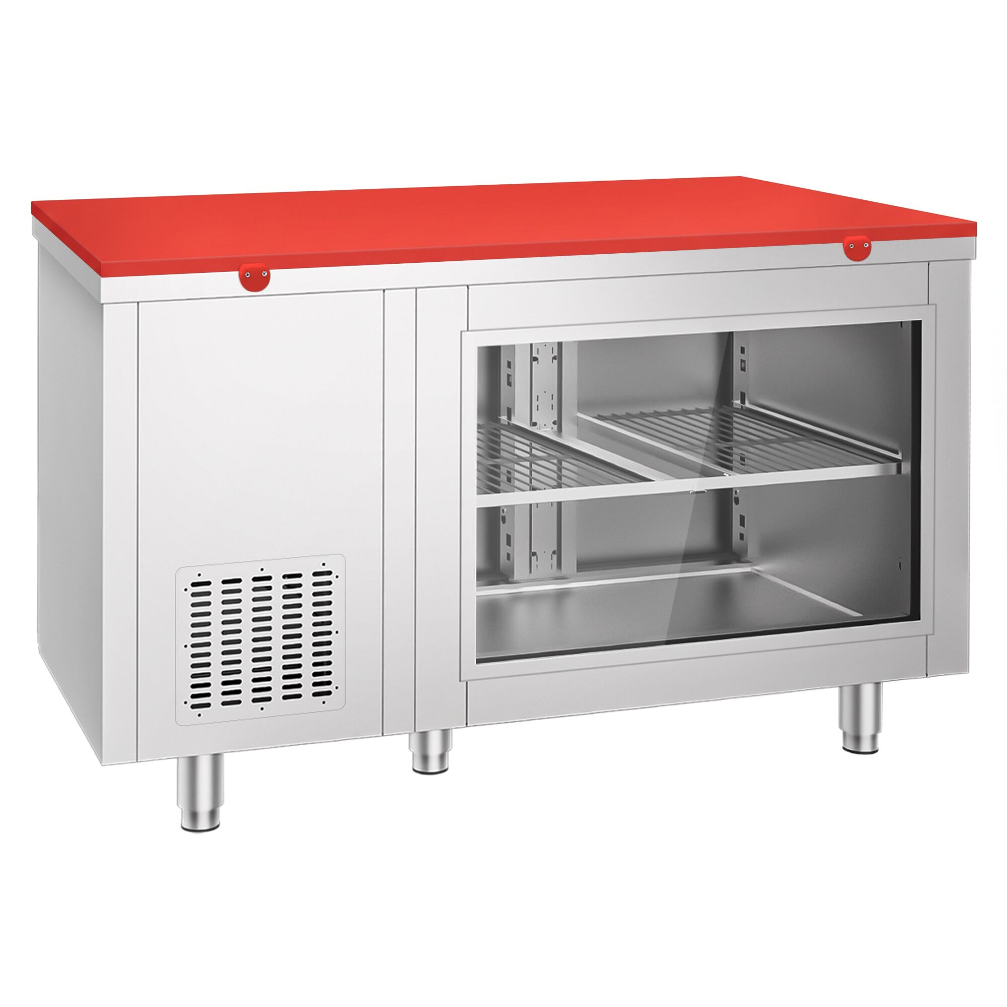 Refrigerated Counter – 1400 × 700 mm – Rear Side with 2 Doors – Glass Front – incl. Red Cutting Board