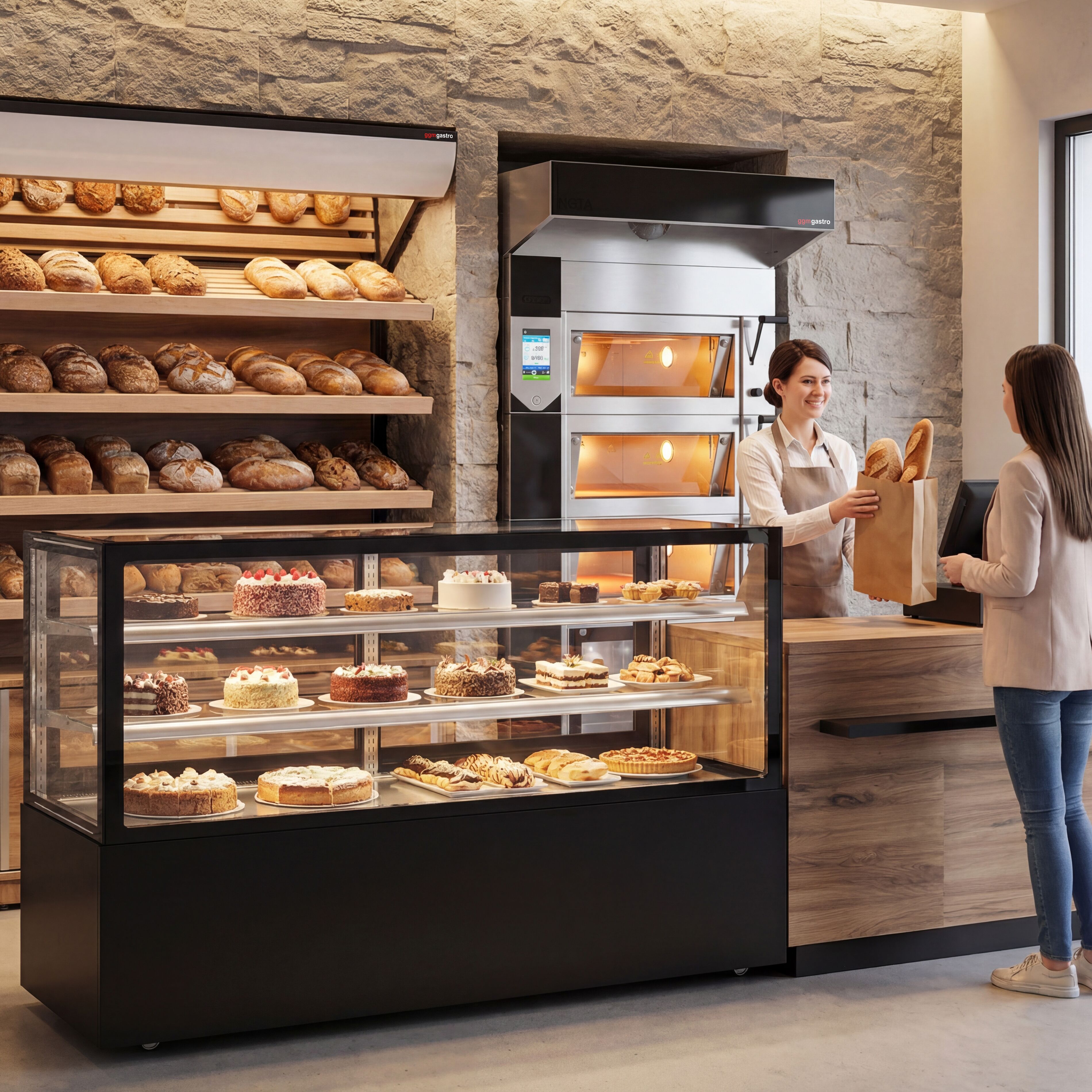 Vitrine à pâtisserie réfrigérée - 890L - 2000mm - Double vitrage - avec 2 étagères en verre - portes coulissantes arrière - Noir mat