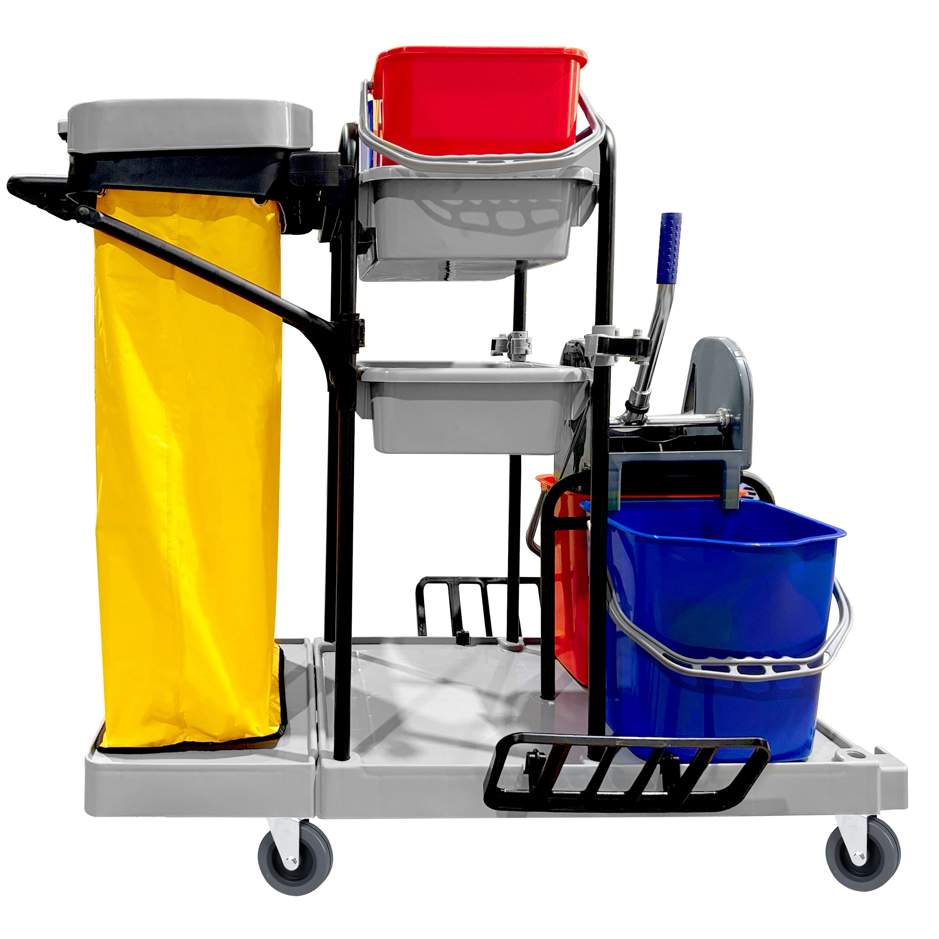 Chariot de nettoyage - avec 4 seaux, presse à mop & sac à linge - Gris