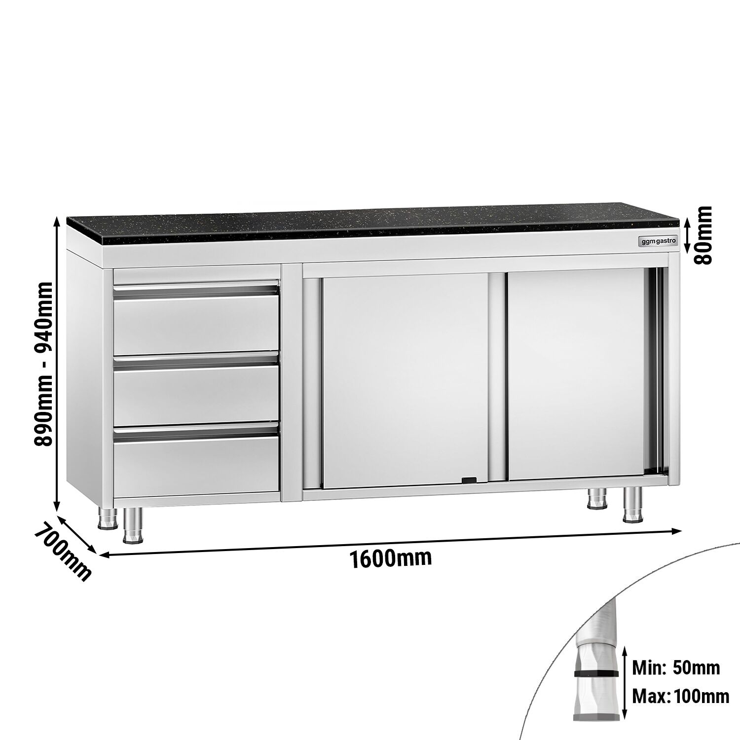 Edelstahl Arbeitsschrank PREMIUM - 1600x700mm - mit 3 Schubladen links - inkl. Granitarbeitsplatte