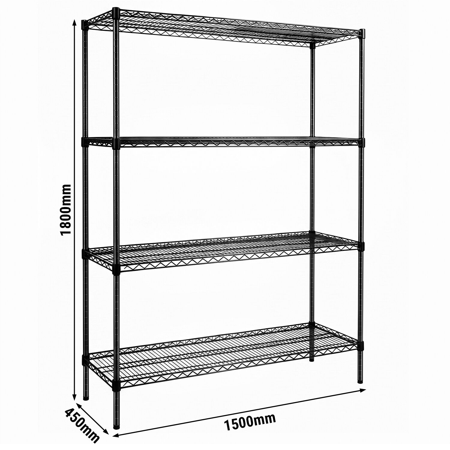 Stalen rek - 1500 x 450 mm - 4 legplanken - Zwart