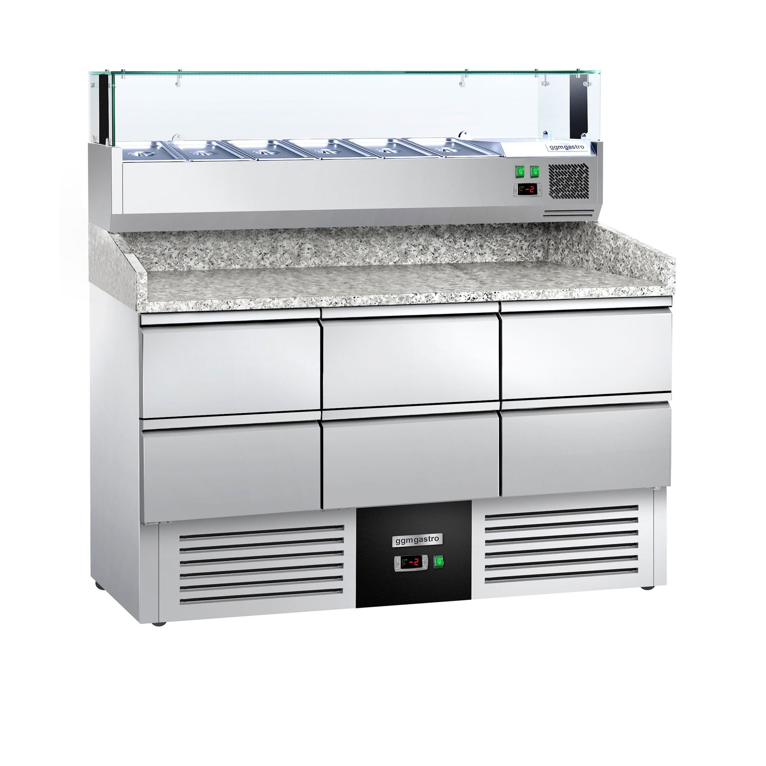 Table réfrigérée à pizza PREMIUM - 1400 x 700 mm - avec 6 tiroirs 1/2 - incl. vitrine réfrigérée 6 x GN 1/4