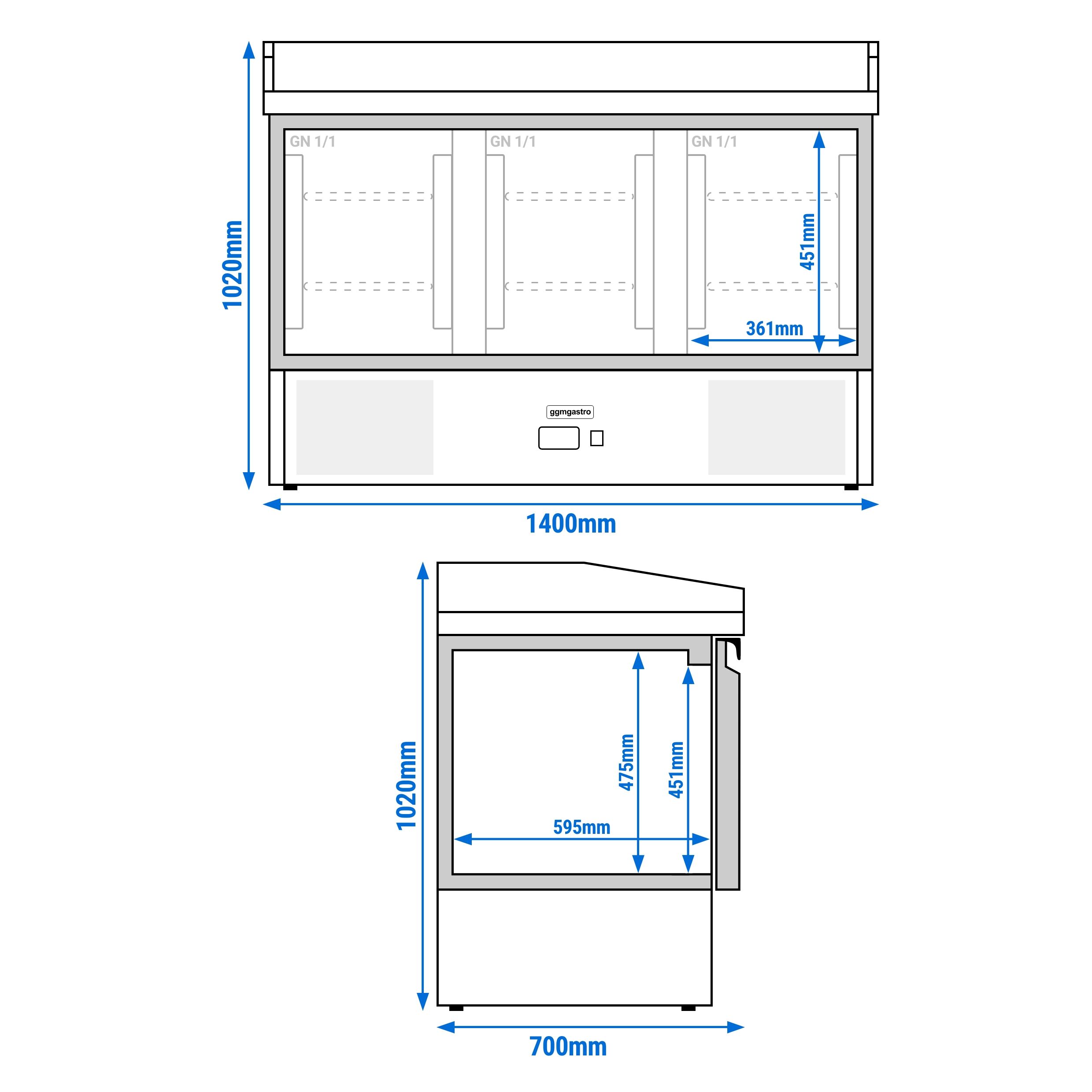 Banco pizza refrigerato PREMIUM - 1400x700mm - con 3 porte - piano in granito