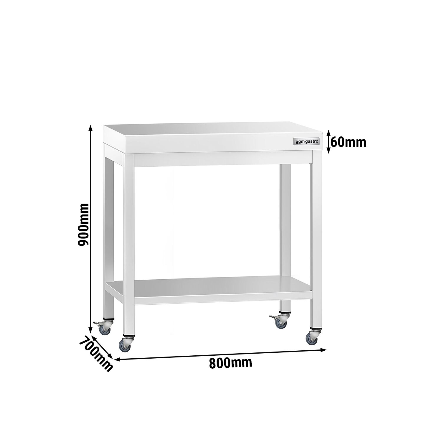 Table de travail en inox PREMIUM - 800 x 700 mm - avec tablette inférieure et roulettes