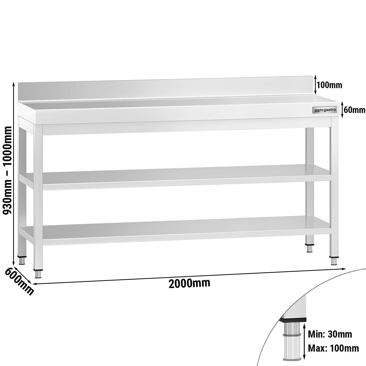 Table de travail inox PREMIUM - 2000 x 600 mm - avec tablette inférieure, Dosseret & Tablette intermédiaire