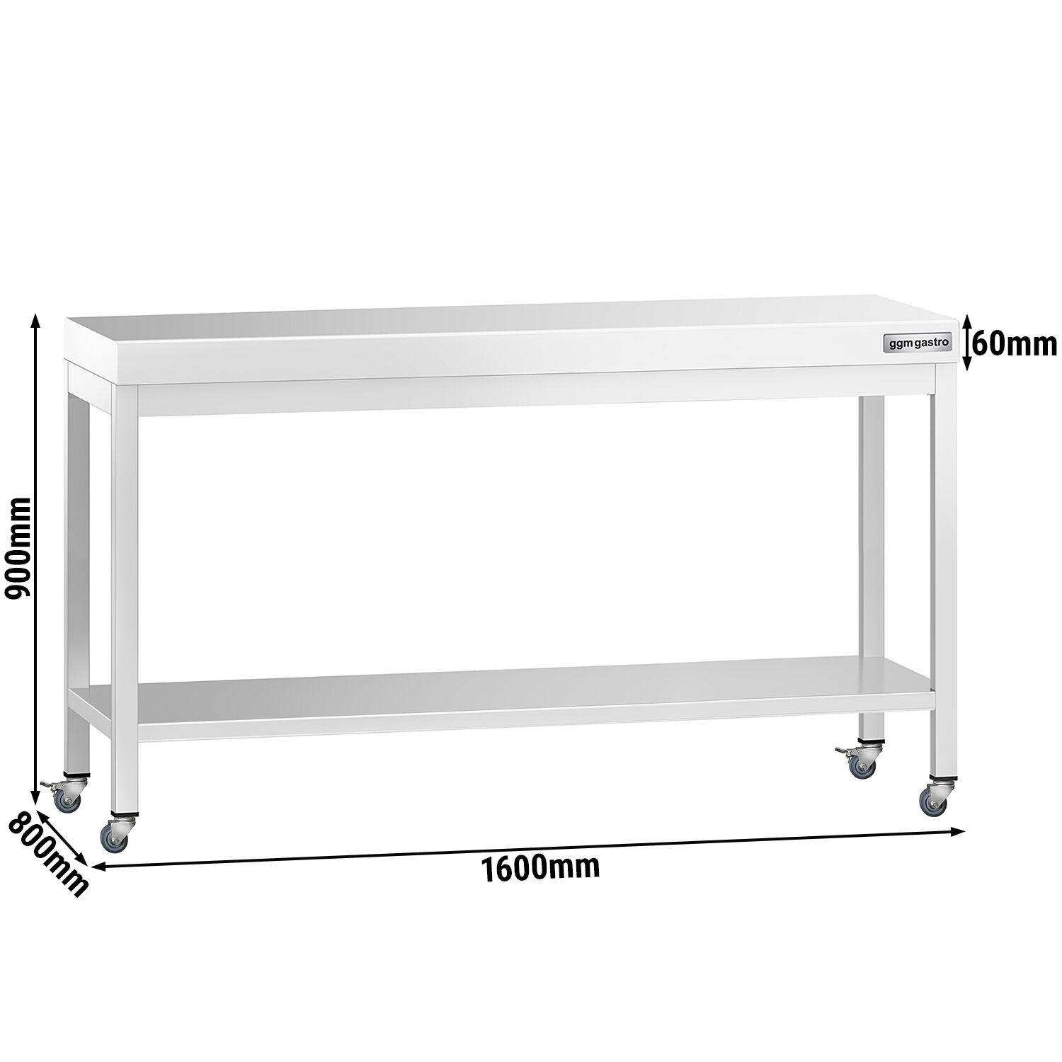 Table de travail en inox PREMIUM - 1600 x 800 mm - avec tablette inférieure et roulettes