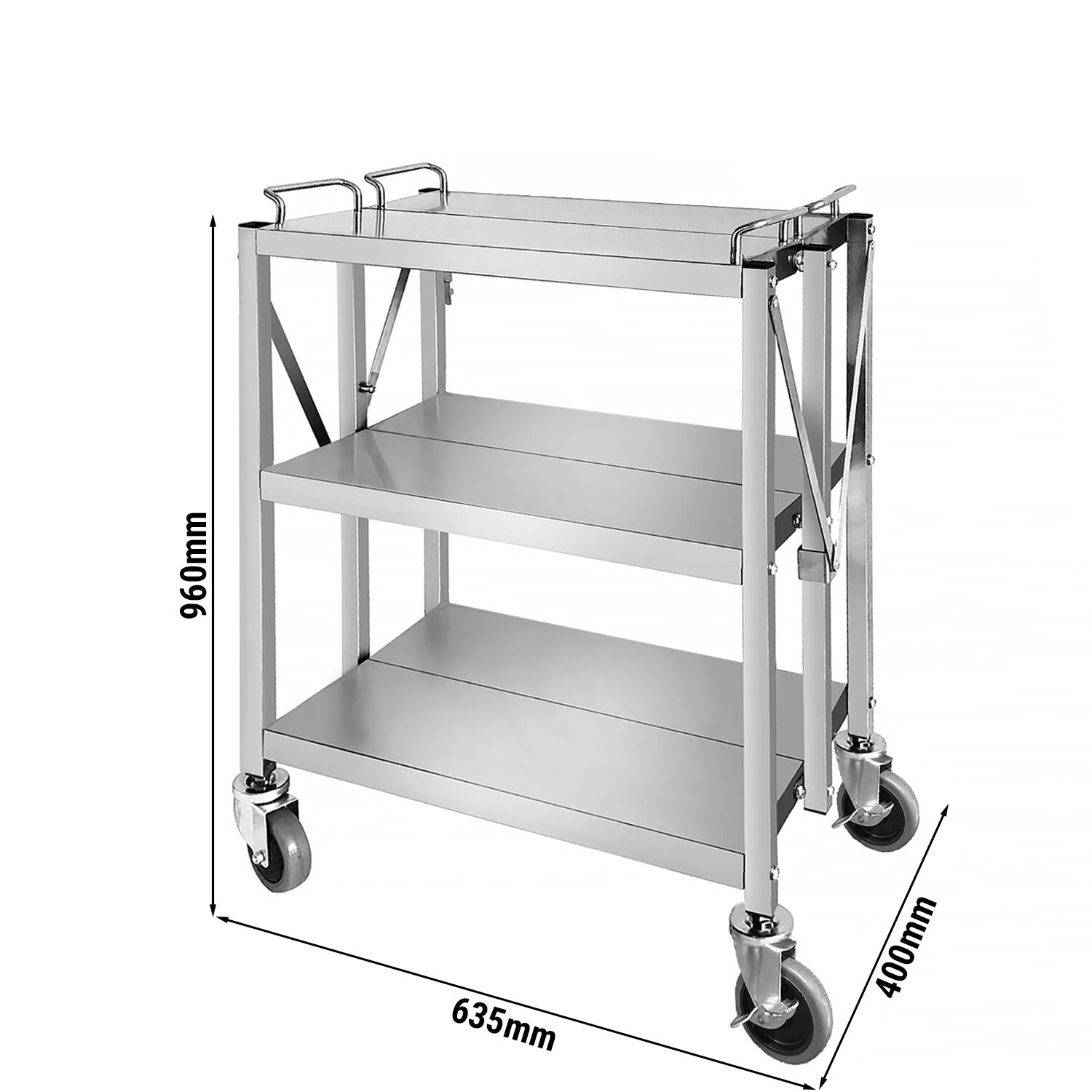 Chariot de service – pliable – 635x400 mm – avec 3 surfaces de rangement