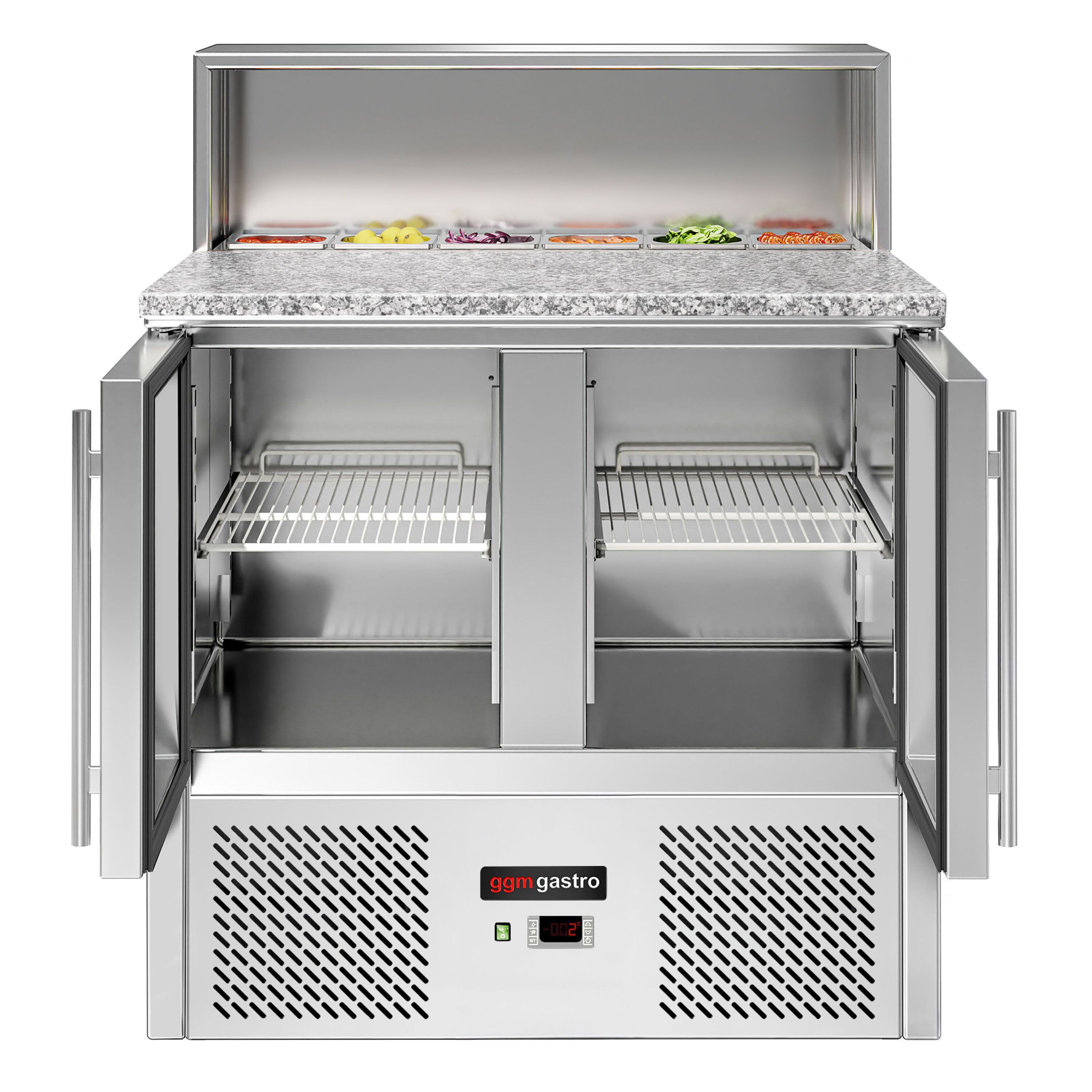 Saladette réfrigérée ECO - 903mm - 2 portes vitrées - pour 5x GN 1/6 & Couvercle inox - plan de travail en granit noir - 240L