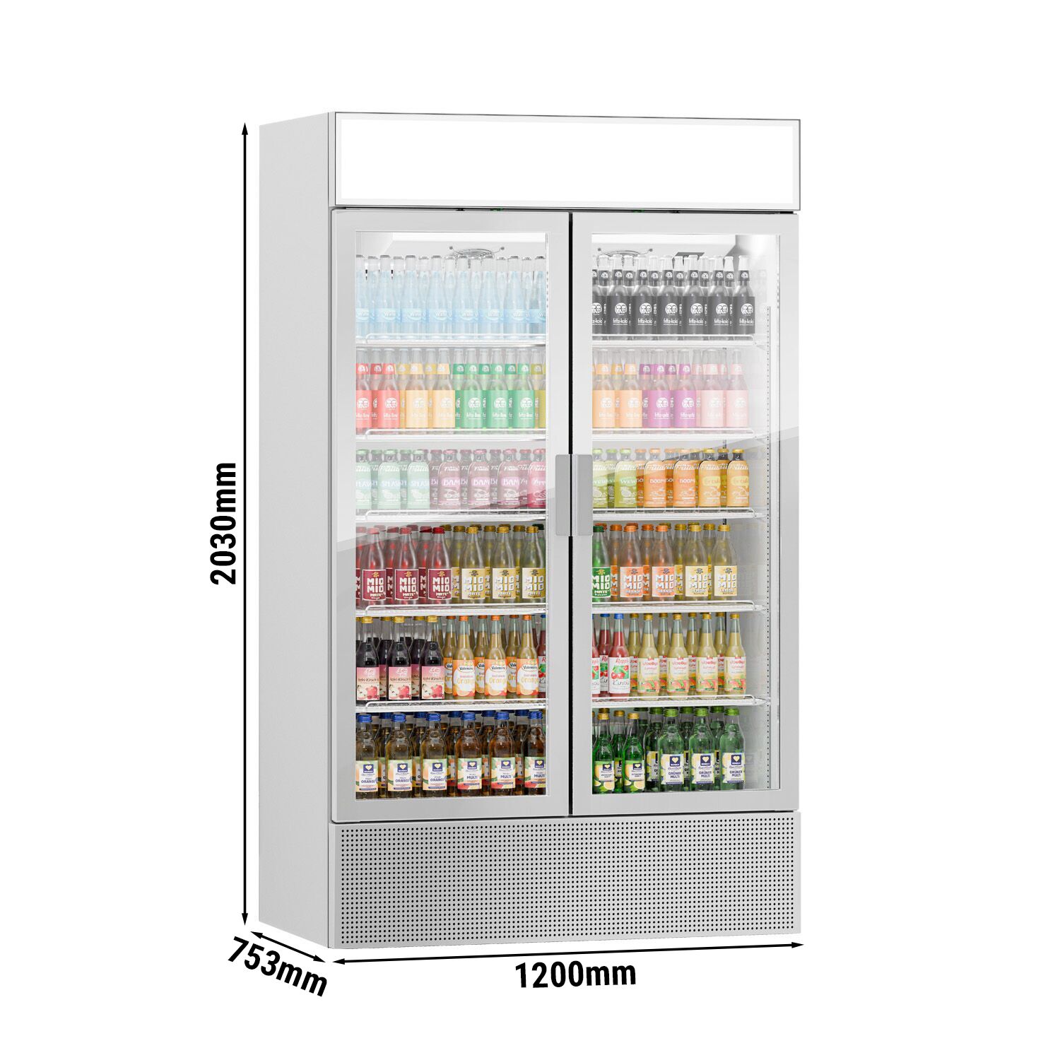 Vitrine réfrigérée à boissons - 1200mm - 1048 L - porte vitrée sans cadre - 2 portes vitrées - avec caisson lumineux - éclairage LED - 1 à +10 °C