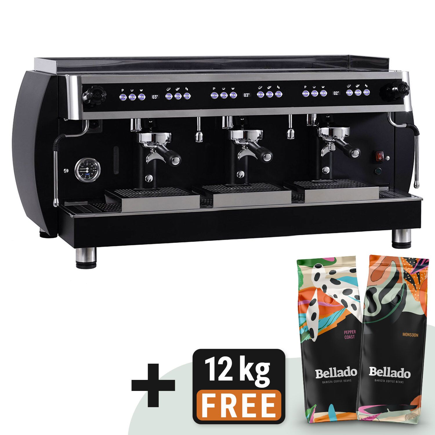 Machine à café porte-filtre « Grace » – avec écran digital – 3 groupes – avec système de préinfusion & compteur de shots inclus – Noir