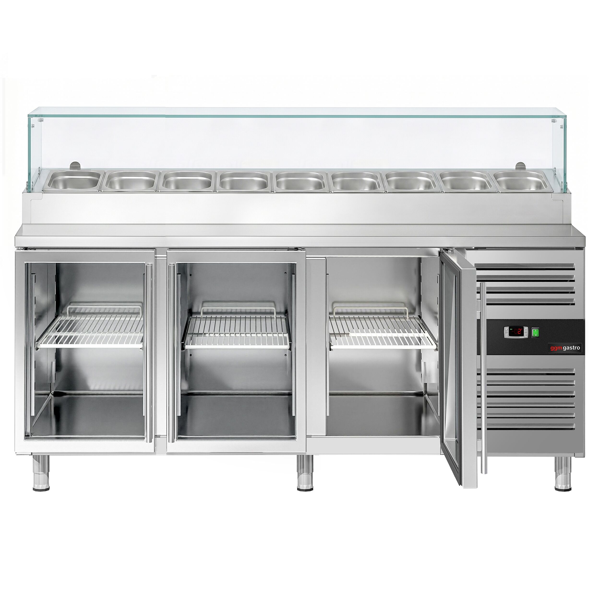 Zubereitungstisch PREMIUM - 1795mm - 3 Glastüren - mit Glasaufsatz - für 9x GN 1/3