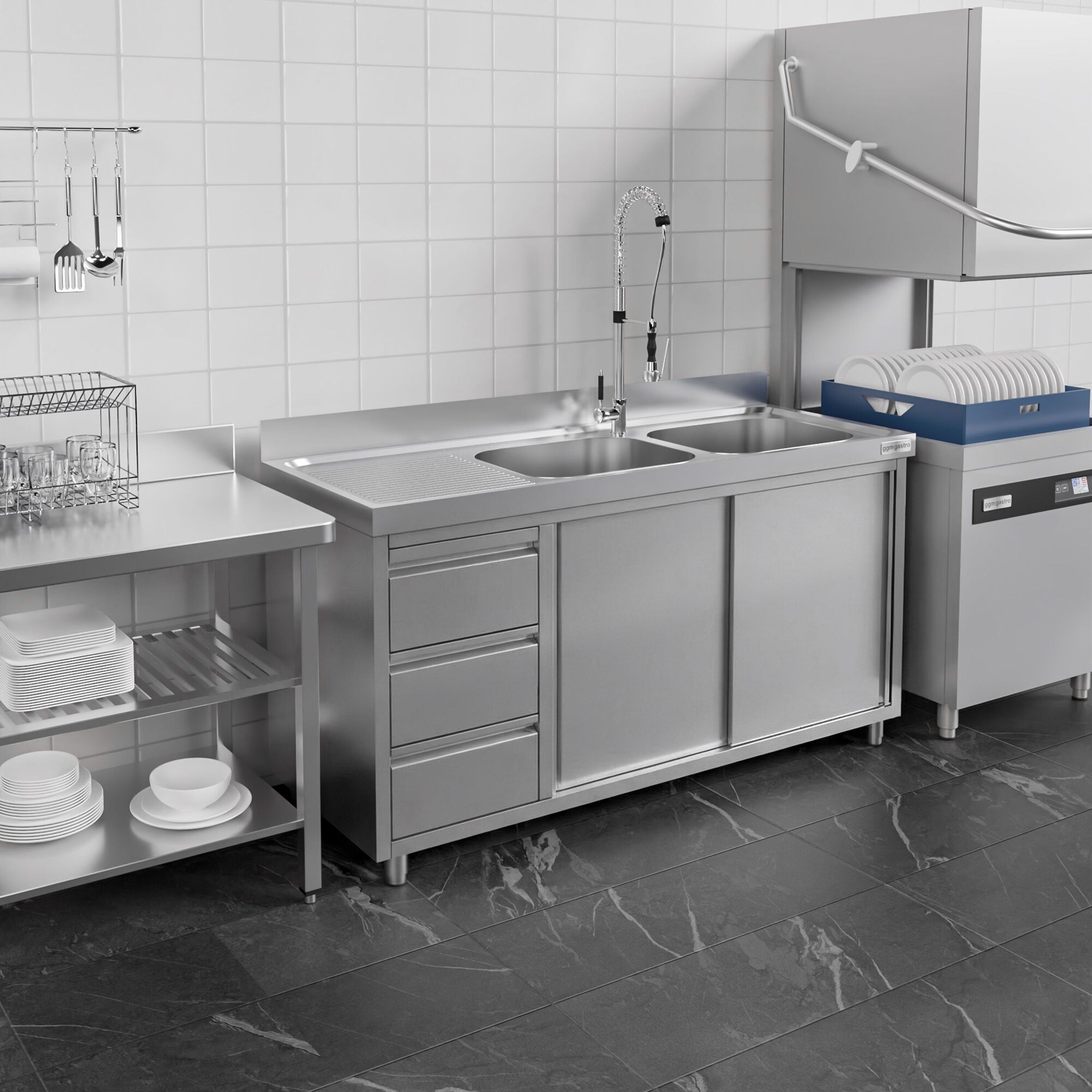 Meuble évier ECO - 1400 x 600 mm - avec 3 tiroirs & 2 bacs à droite
