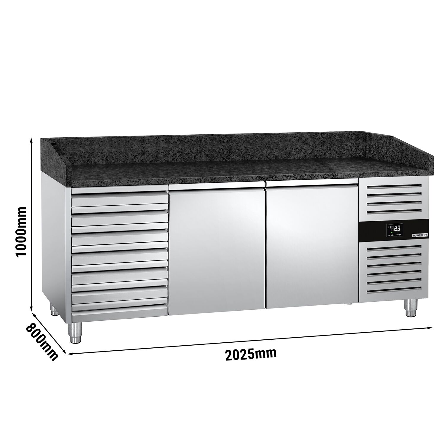 Commercial Pizza Prep Counter - Granite Top PREMIUM - 2025x800mm - with 2 doors & 7 drawers