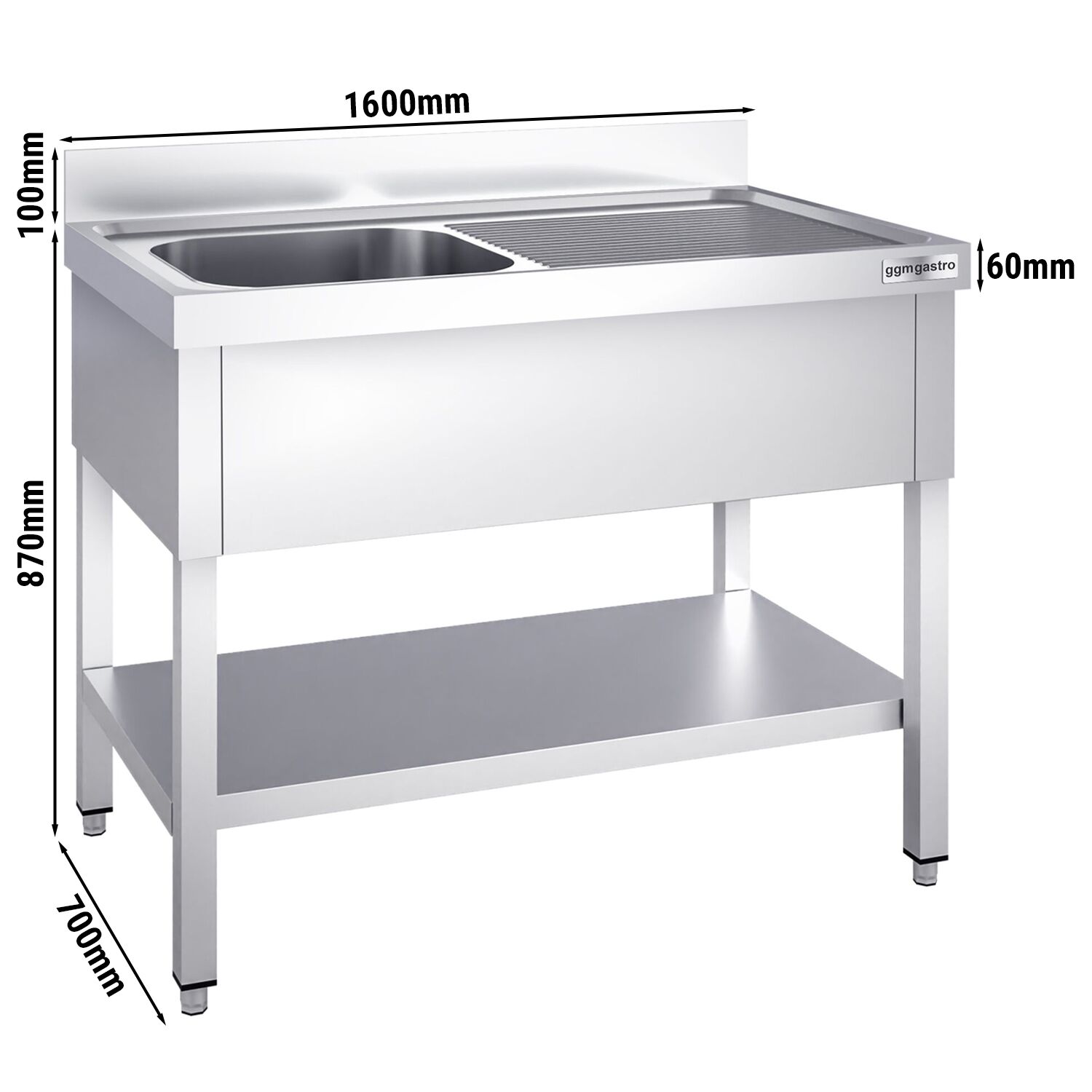 Table évier inox PREMIUM - 1600x700mm - avec fond & 1 bac à gauche